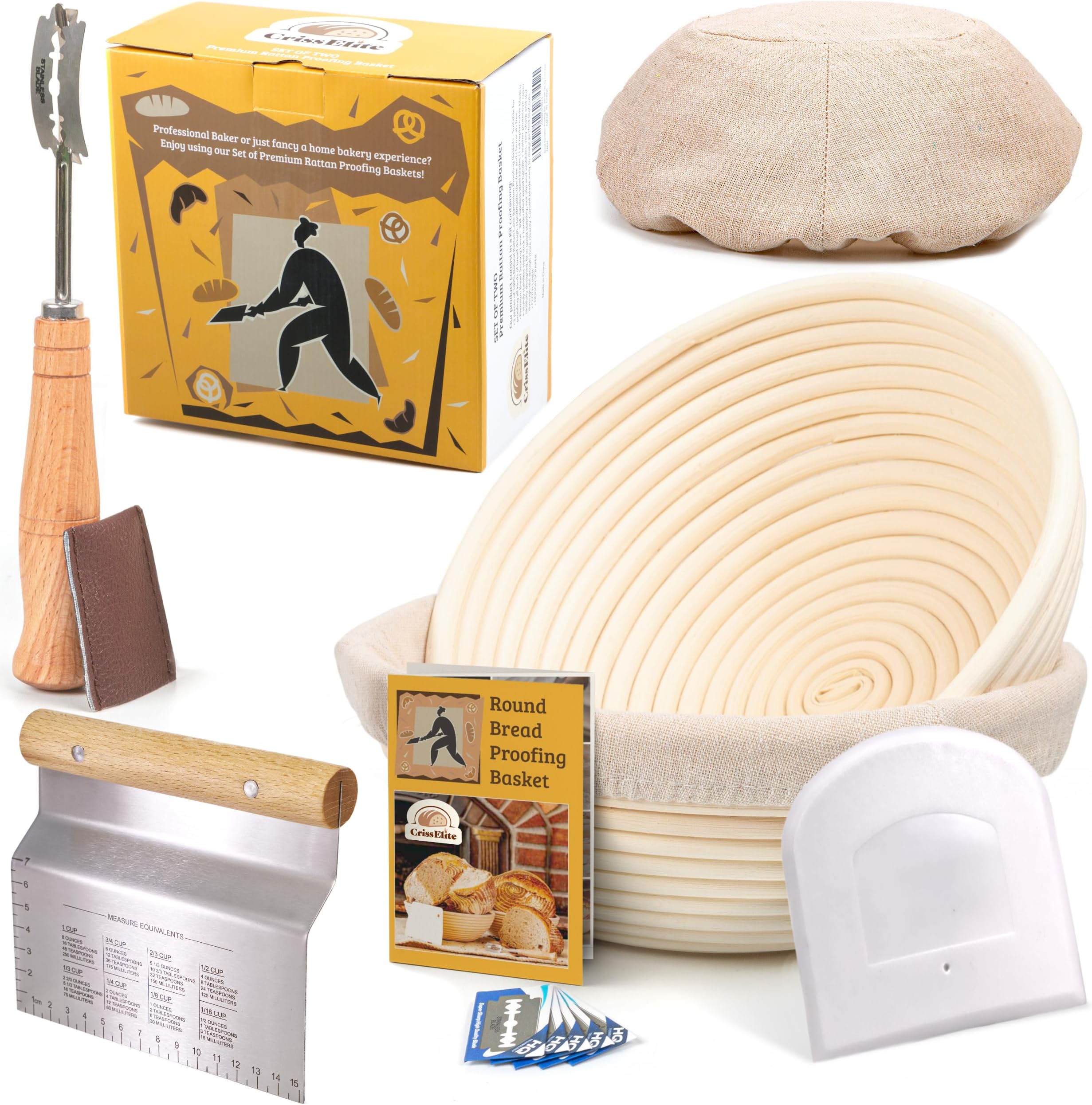 Round Banneton Bread Proofing Basket Set of 2 – 9” Natural Rattan Baskets with Linen Liners, Bread Lame & Dough Scrapers – Classic Sourdough Baking Set for Home Bakers