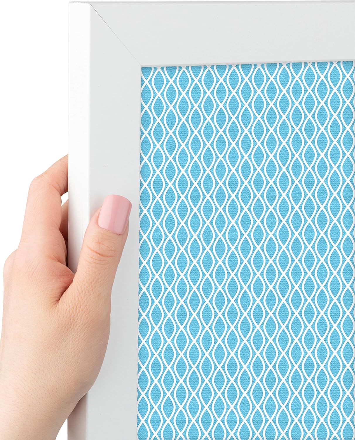 PinPix 20x14 Inch Cork Bulletin Board. This Decorative Framed Pin Board Comes with Sky Blue Waves Design and a Satin White Frame Frame. Ideal for Home Office Decor or Message Board (PinPix-245)