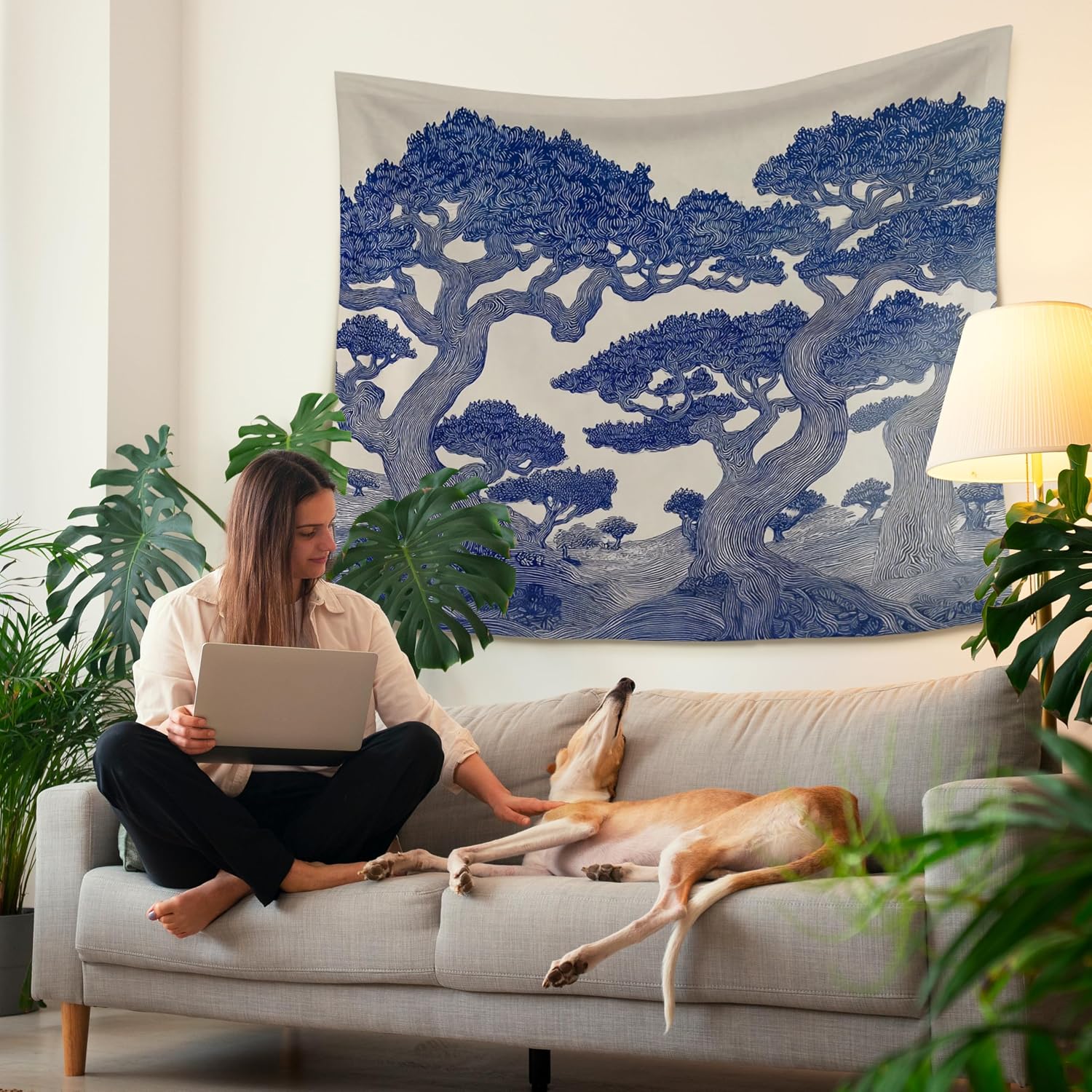 HUGANE Vintage Oak Tree Tapestry, Blue and White Chinoiserie Forest Wall Tapestries, Moody Tree Nature Landscape Botanical Hanging Wall Decor for Home Bedroom Living Room, 50x60 Inch