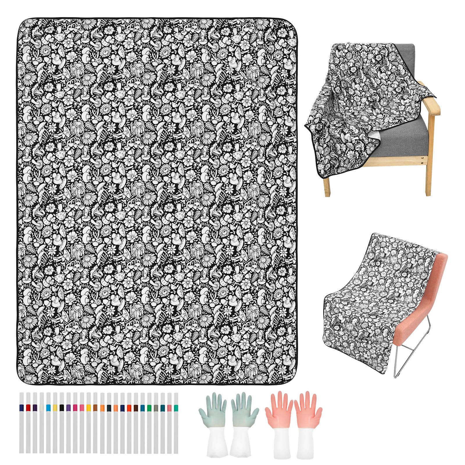 DIY Colouring Blanket Kit, Colour Your Own Velvet Blanket with 24 Fabric Markers & Gloves 150x125cm Soft Plush Colouring Throw Blankets Creative DIY Art Gift for Family Activity, Stress Relief