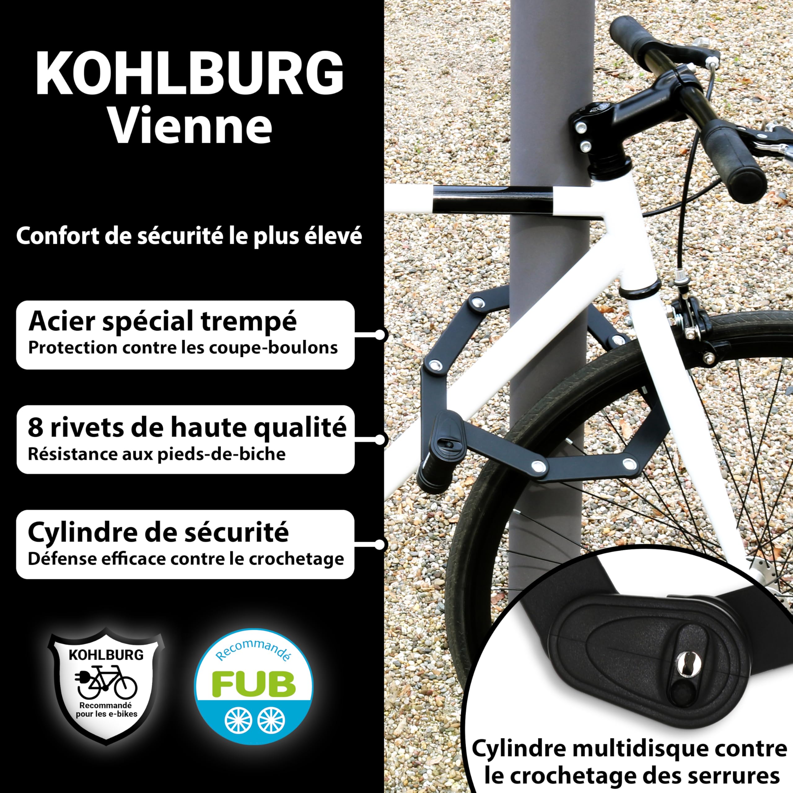 KOHLBURG Antivol pliable vélo 89cm – FUB 2 Roues – sécurité maximale à 1kg | Antivol vélo avec support – très sûr comme antivol trottinette & eBike vélo sécurisé – anti vol velo electrique homologué