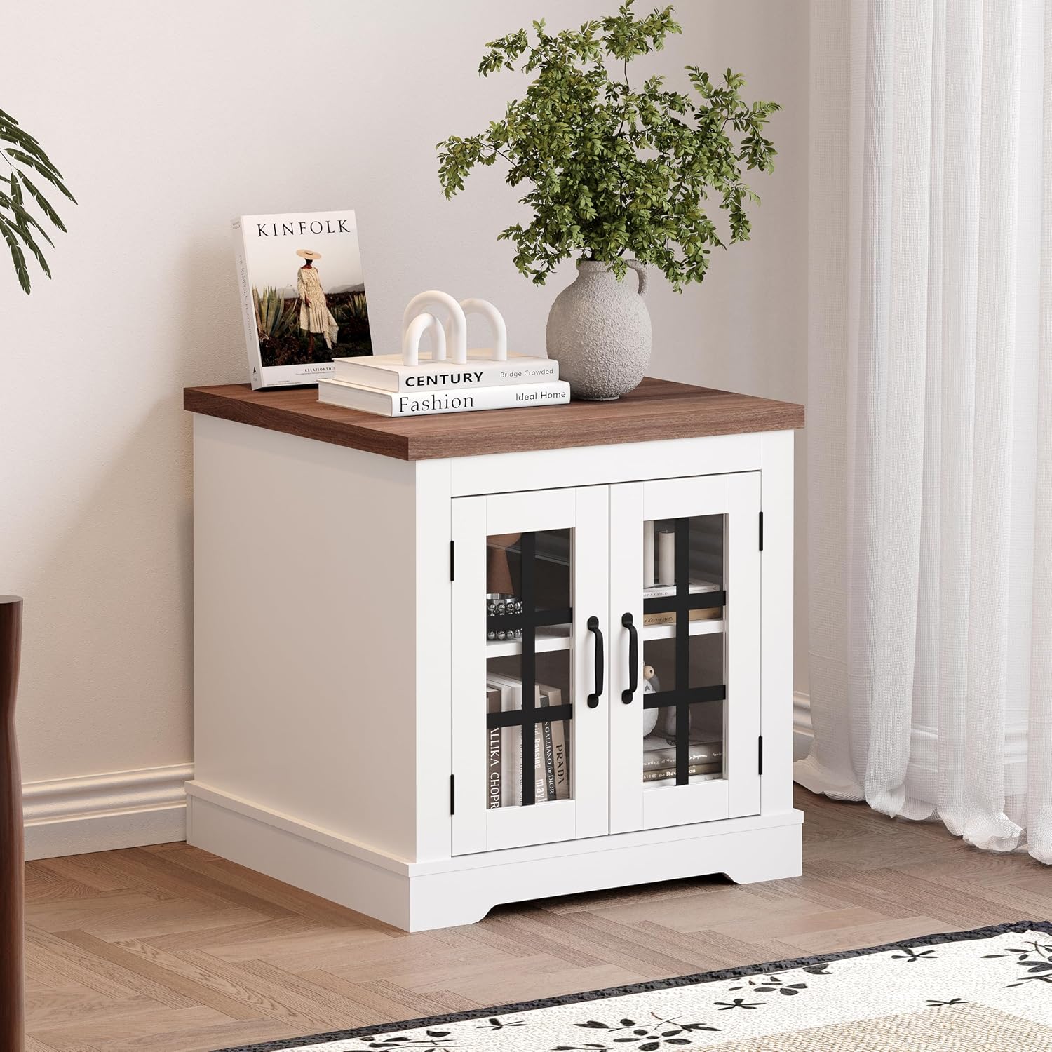 Takywep White Buffet Cabinet with Acrylic Doors & Built-in Power Outlet – Walnut Top Sideboard for Kitchen, Coffee Bar, Pantry, or Living Room Storage - Walnut Top & White Panel - Small