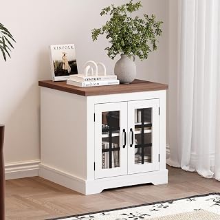 Takywep White Buffet Cabinet with Power Outlet, Acrylic Doors, Walnut Top