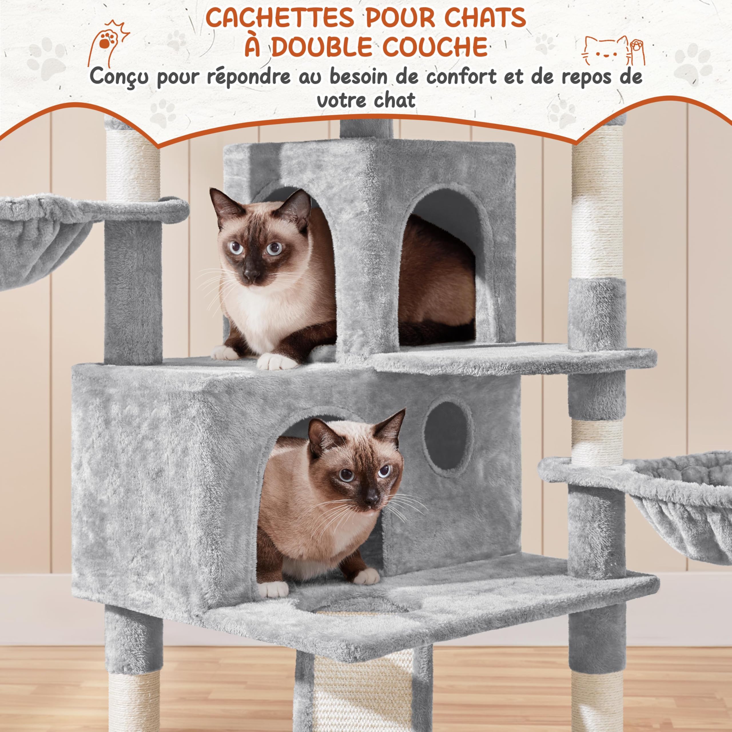 Abician Arbre à Chat Tour d'escalade 194 cm XXL, avec 3 Niches/3 Plateformes/2 Paniers/10 Poteaux en Sisal/Perchoirs, Multiniveau, Intérieur, pour 3-4 Chats, Gris Clair