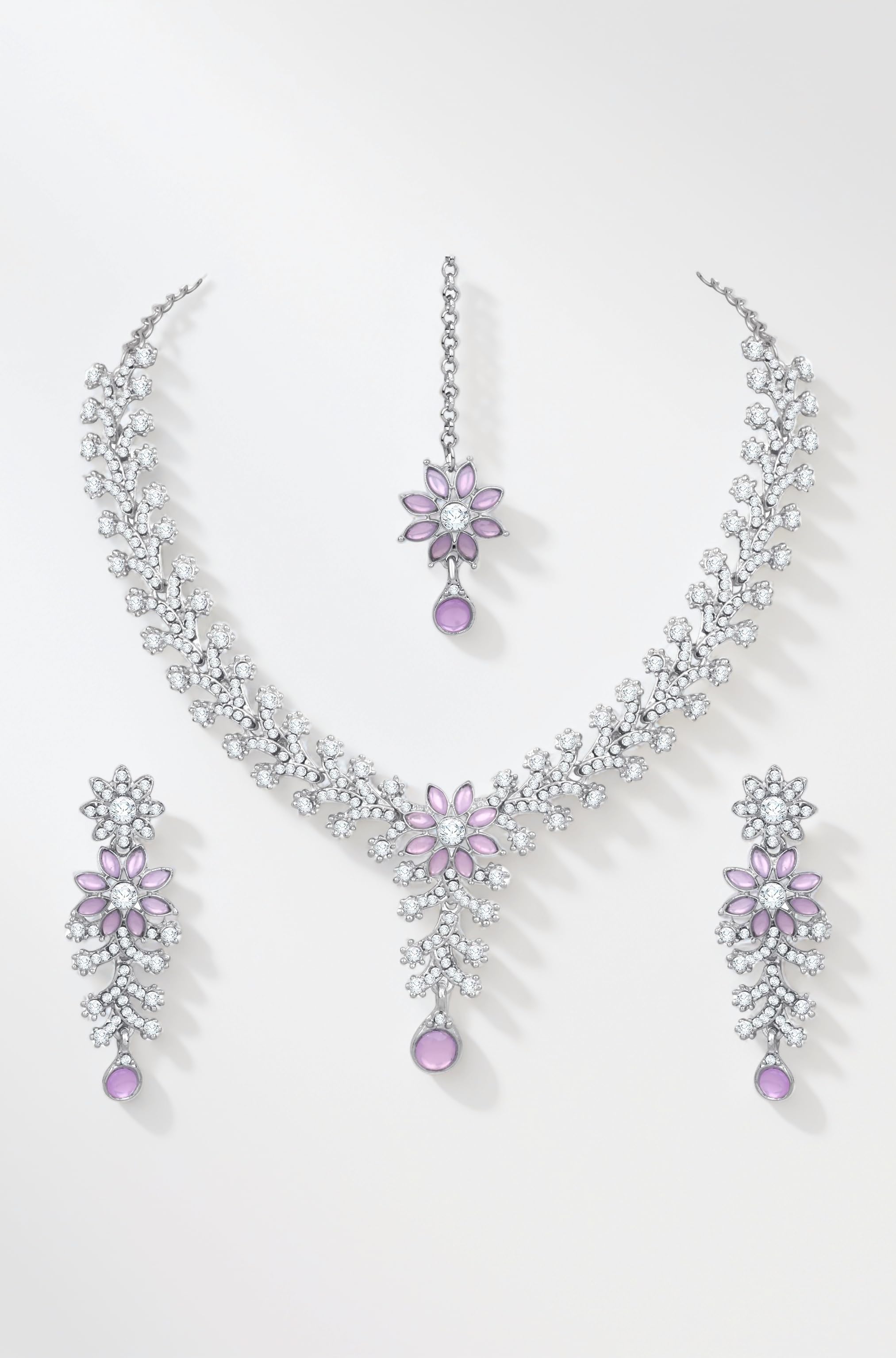 Diamond Necklace Jewellery Set for Women with Earrings and Maang Tikka for Wedding, Party, Engagements & Festivals