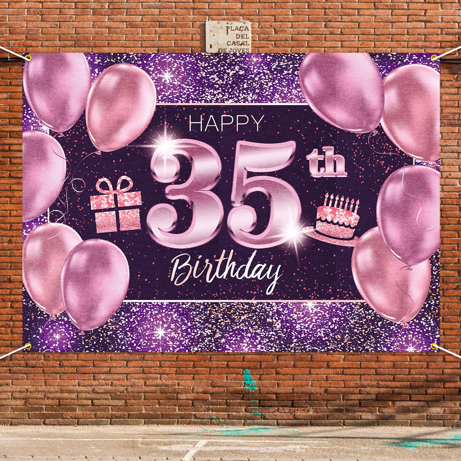 PAKBOOM Baner 'Happy 35th Birthday' tło - 35 urodziny dekoracje na przyjęcie dla kobiet - różowe fioletowe złoto 1,2 x 1,8 m