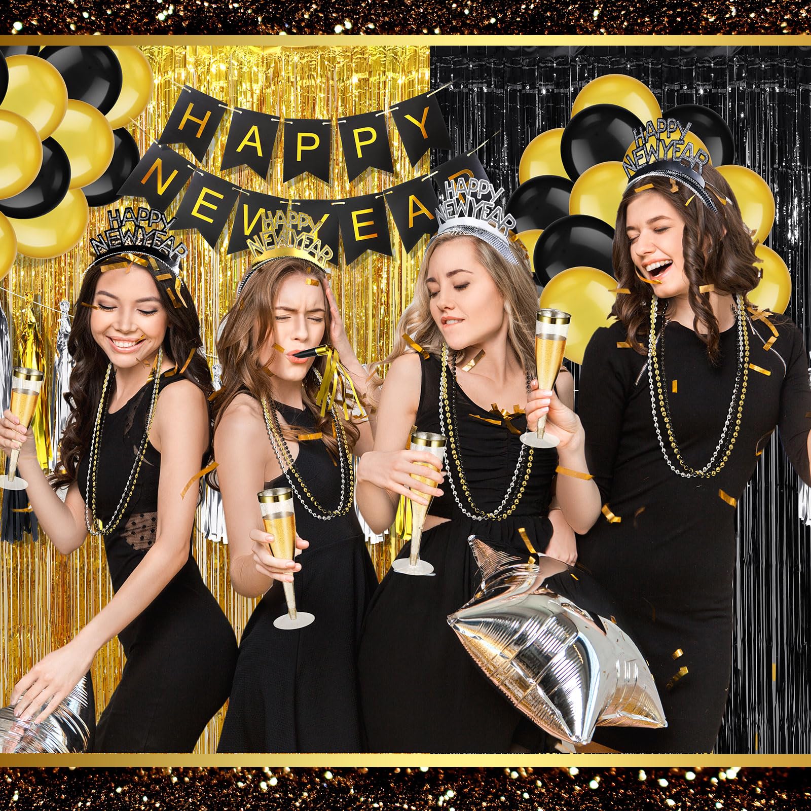 Silipull 36 Set Silvester Party Supplies 2024 Enthält Happy New Year Stirnband Fransen Noise Makers Einweg Champagnerflöten Halsketten Ballon Banner Regen Vorhang Quaste Girlande für Kinder Erwachsene