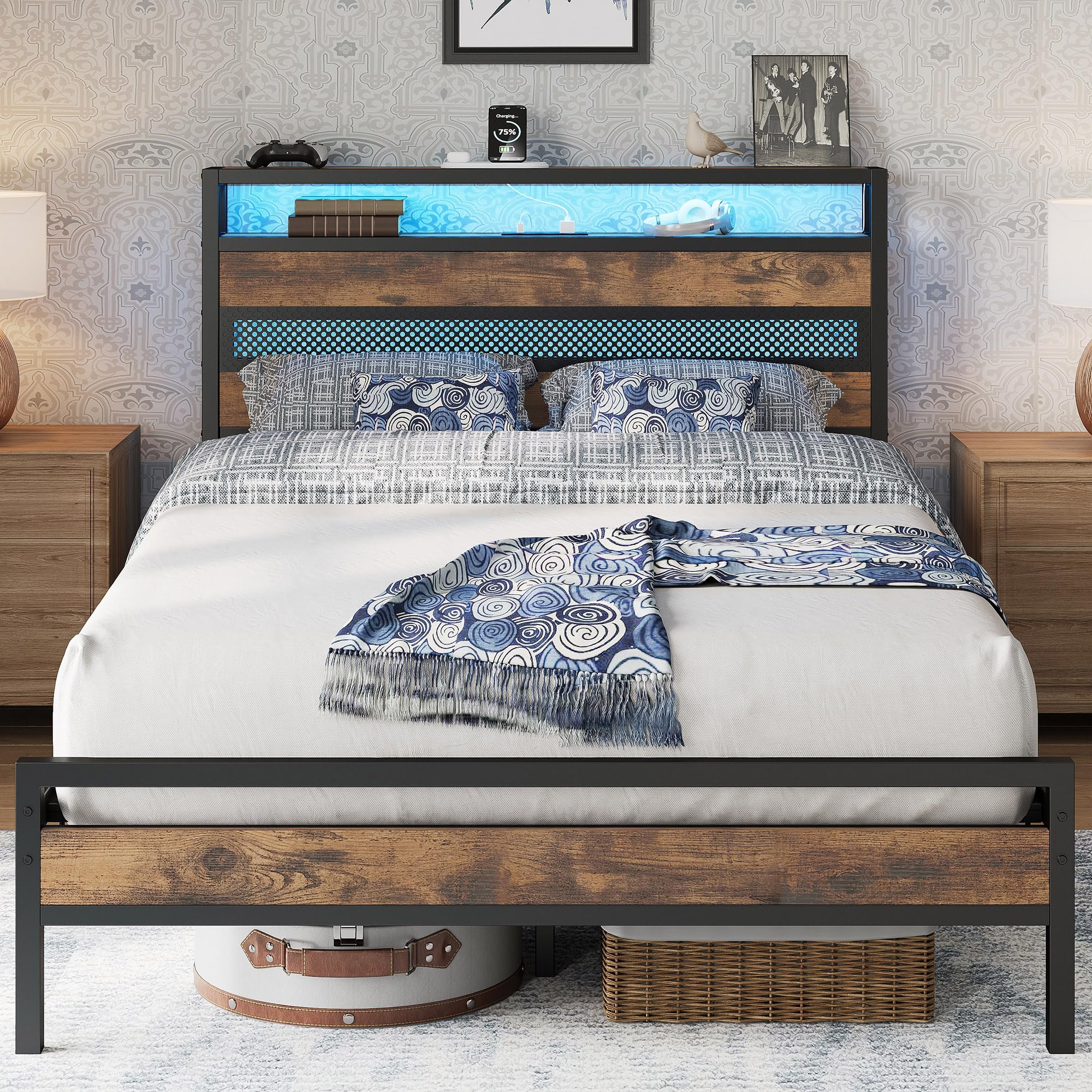 IRONCK 4ft Small Double Bed Frame with Storage Headboard and Charging Station/LED Lights, Metal Platform Bed Frame Small Double, Reinforced Strong Support Leg, UnderBed Storage, Vintage Brown
