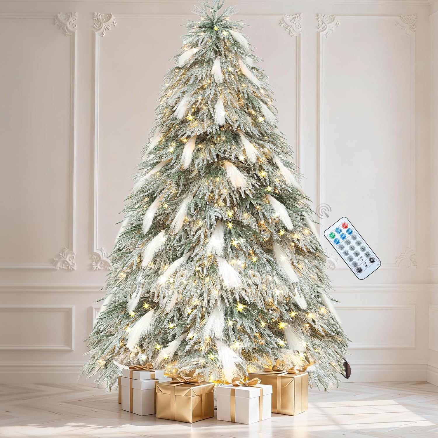 DWVO Pampas 6ft Flocked Christmas Tree with 400 LED Lights and 30 Reeds Like Plumes, Prelit Atificial Christmas Trees with Snow and 355 Mixed PE & PVC Branch Tips & Stand for Home Party Decoration