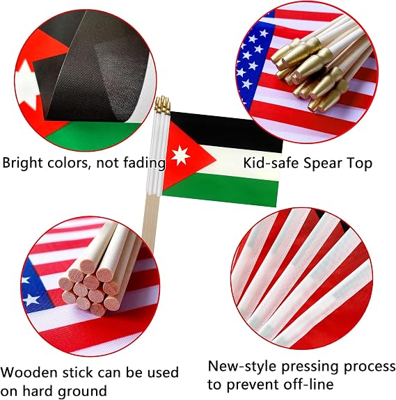 TSMD Jordan Stick Flag Jordanian Small Mini Hand Held Flags,5x8 Inch,12 Pack