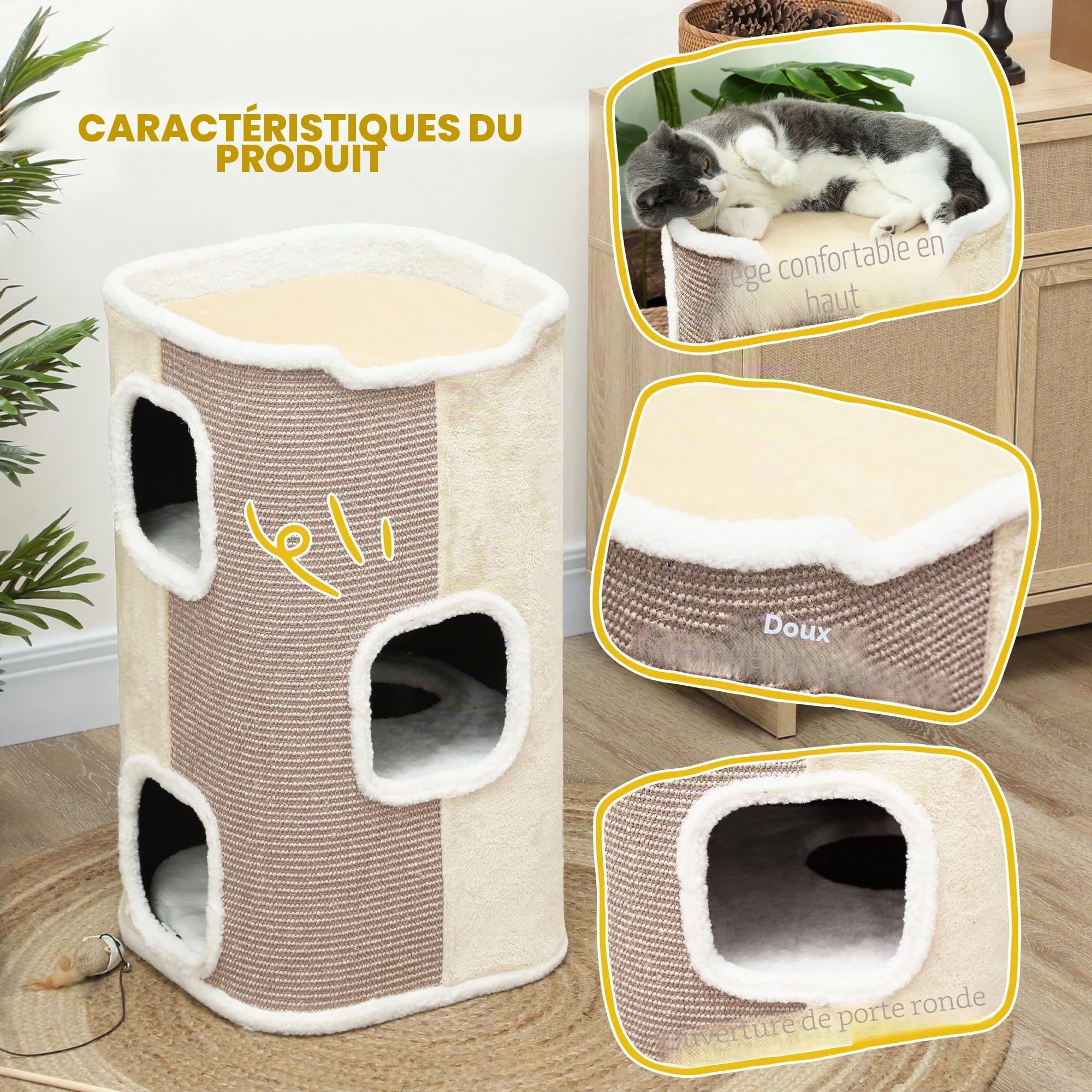 PawHut Tonneau à chat à trois étages de 74 cm de haut avec coussin, bord en peluche, grotte pour petits chats, beige + blanc