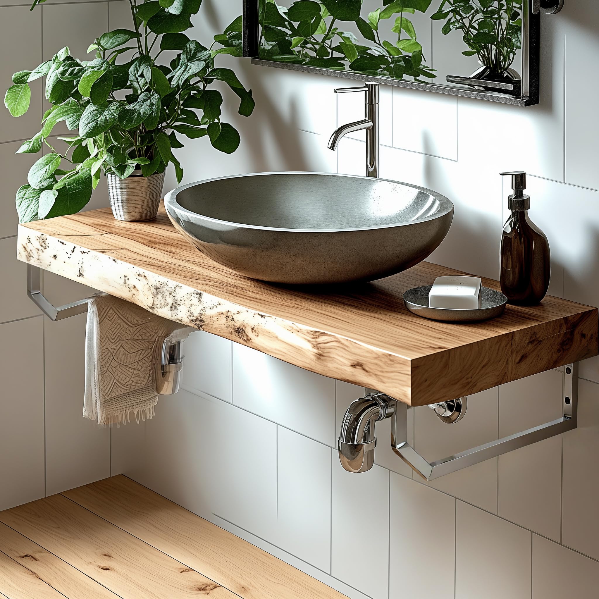 Montixx® Consola de pared y toallero, juego de 2 en forma pentagonal, de acero inoxidable, para soporte de lavabo/base para mesa de agua y lavabo, 33 cm x 15 cm