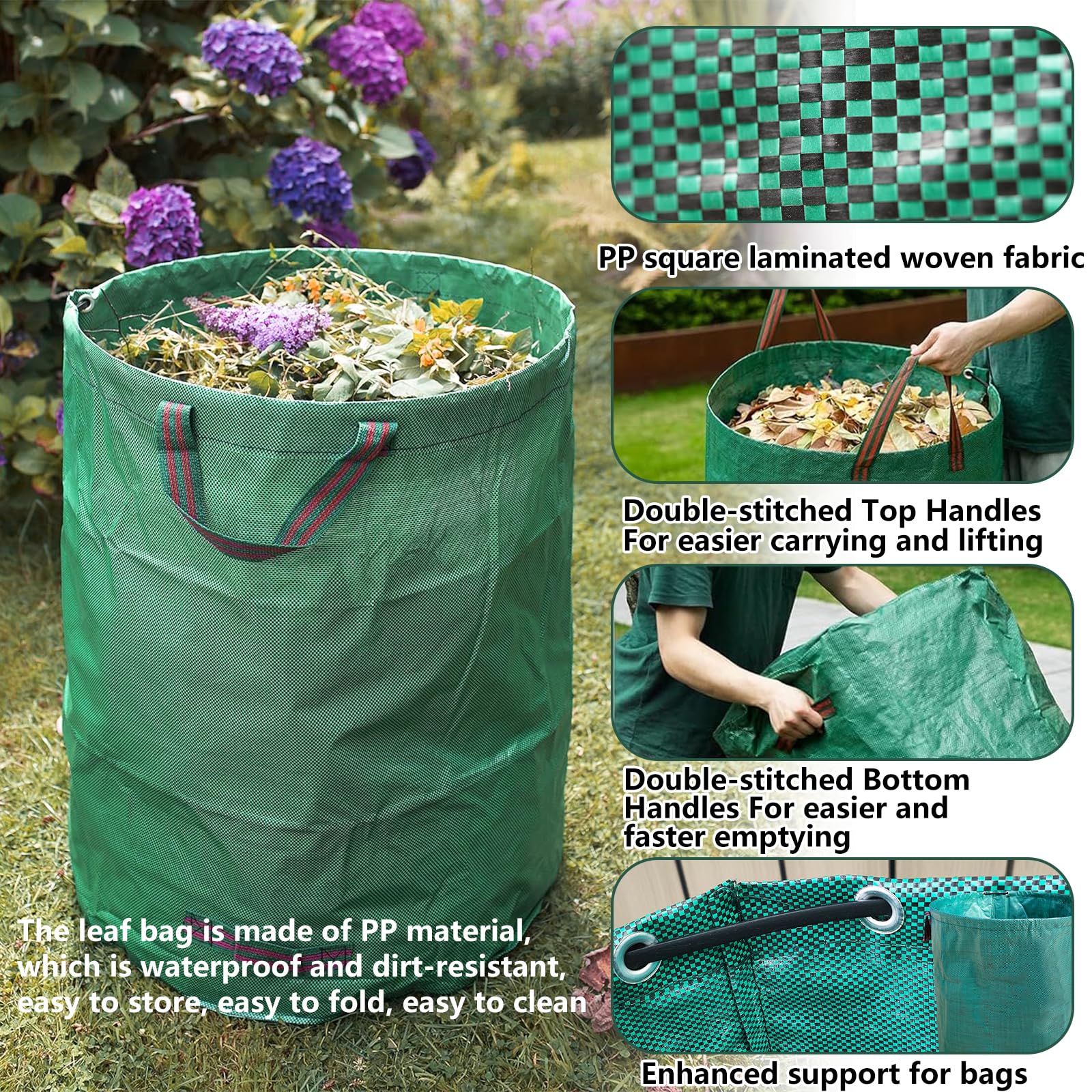 3x Borse Da Giardino 272L In Tessuto Resistente, Con 4 Manici, Autoportanti, Impermeabili, Per Foglie E Rifiuti Verdi, Includono Un Paio Di Guanti