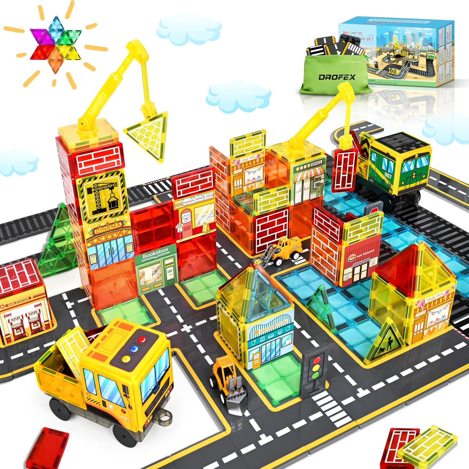 60pc Magnetic Tiles Road Set with 2 Cranes