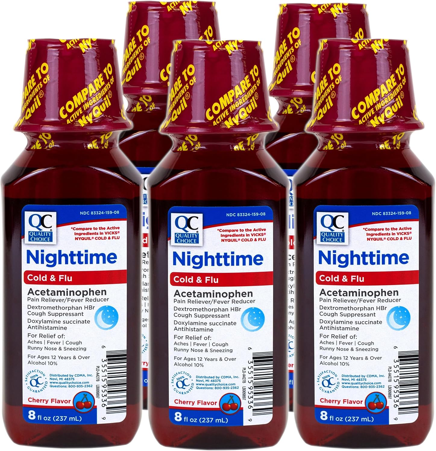 Quality Choice Nighttime Acetaminophen, Cold & Flu Syrup Multi-Symptom Relief, for Adults and Children 12 Years and Older, Cherry Flavor, 8 FL OZ - 5 Pack