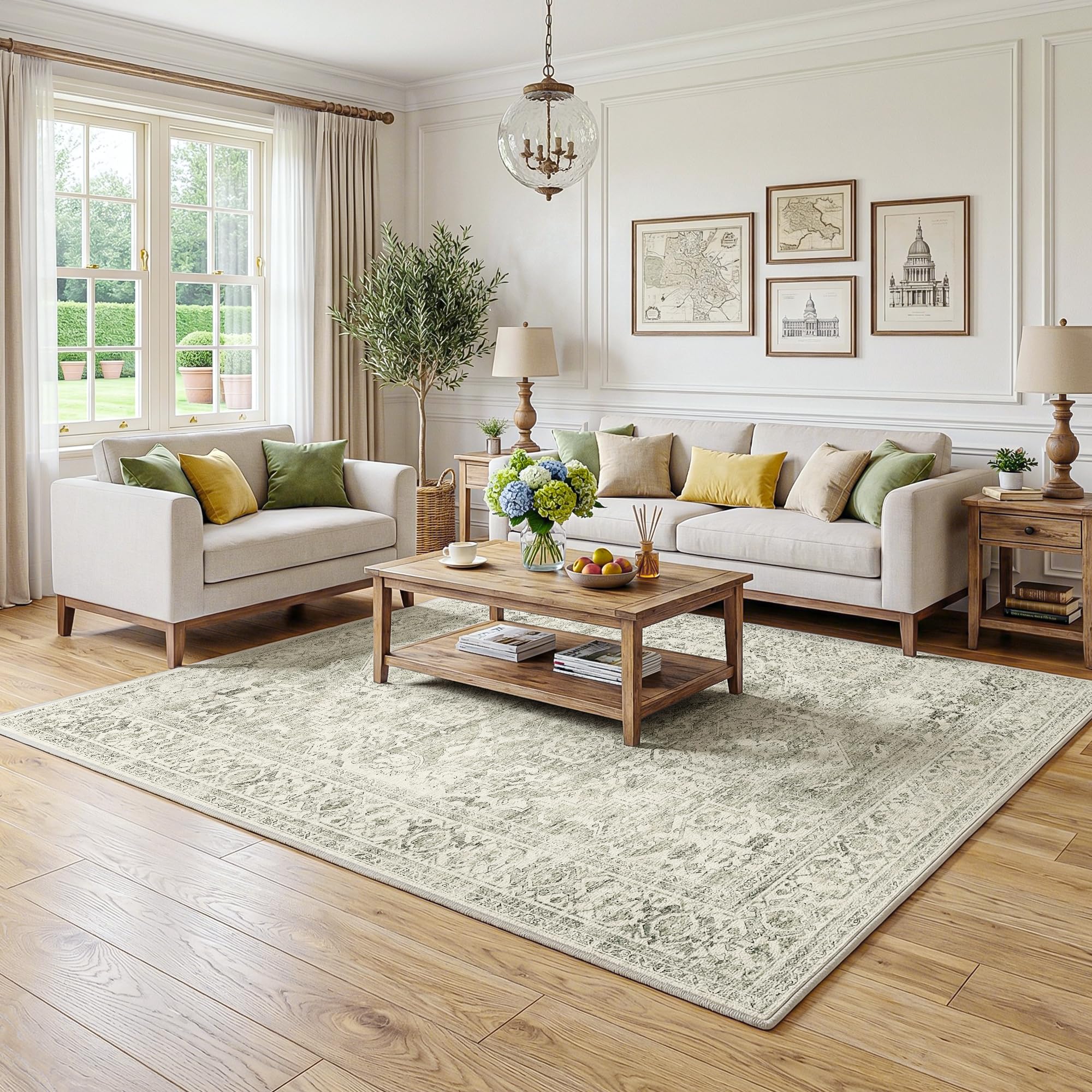 Beauoop Washable Area Rug Green Neutral 160x230cm Vintage Non Slip Low Pile Distressed Traditional Oriental Indoor Carpet for Living Room Bedroom Soft Retro Mat Thin Rug for Dining Office Entryway