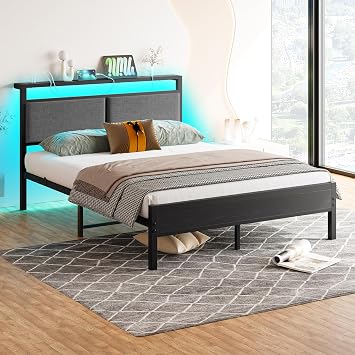 4FT6 Small Double Bed Frame with Storage Headboard, Black
