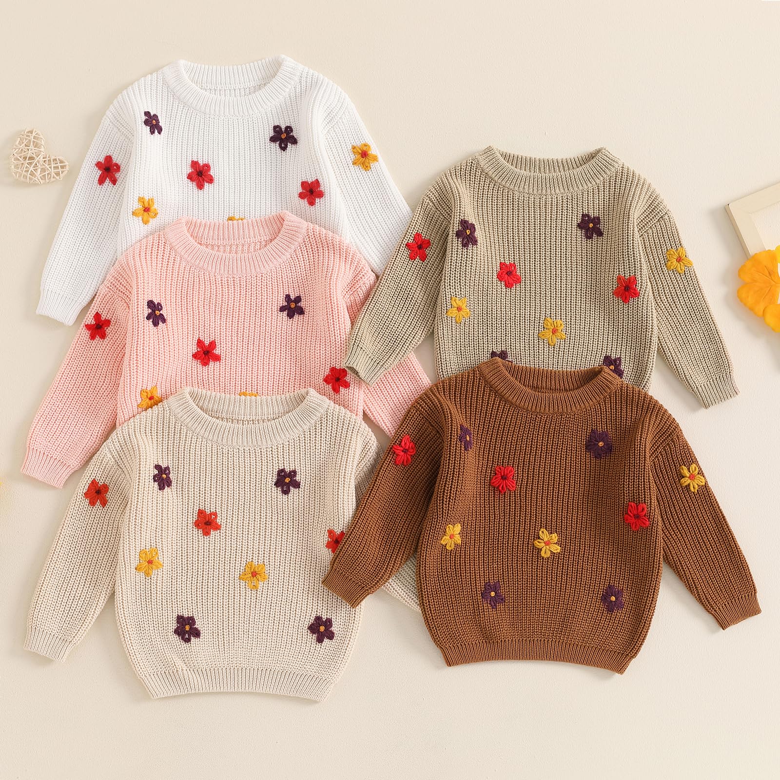 Baby Girl Sweater Fall Winter Outfit 3D Flower Knitwear Long Sleeve Sweatshirt Warm Outfit Infant Toddler Girl Clothes (Khaki Sweater, 9-12 Months)