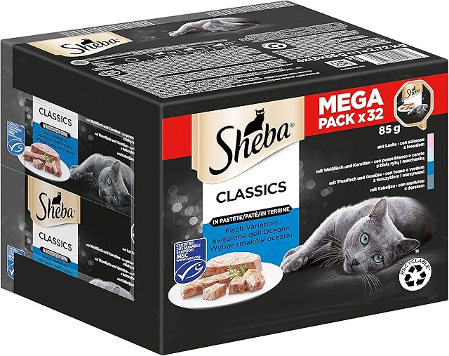 Sheba Classics in Pastetete- Najlepsza karma dla kotów w misce - odmiana ryb (MSC) z łososiem, białą rybą, tuńczykiem i dorszem - 32 x 85 g