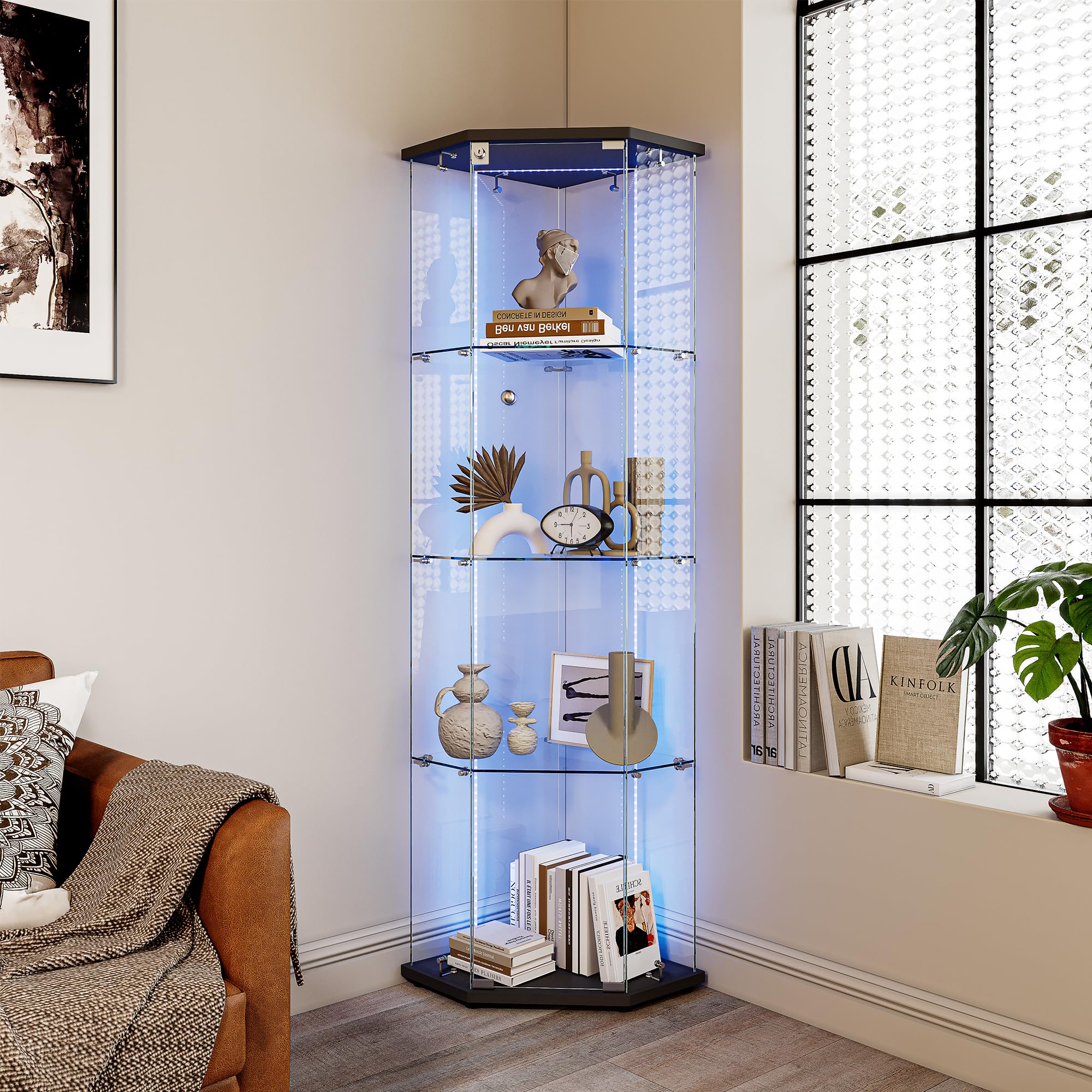 KOOPMAD Display Cabinet with Glass Door, Lockable Glass Display Cabinets with LED Strip, Cabinet for Collection, 4 Shelves, Standing Display Case for Office Living Room Bedroom Furniture (Black-F)