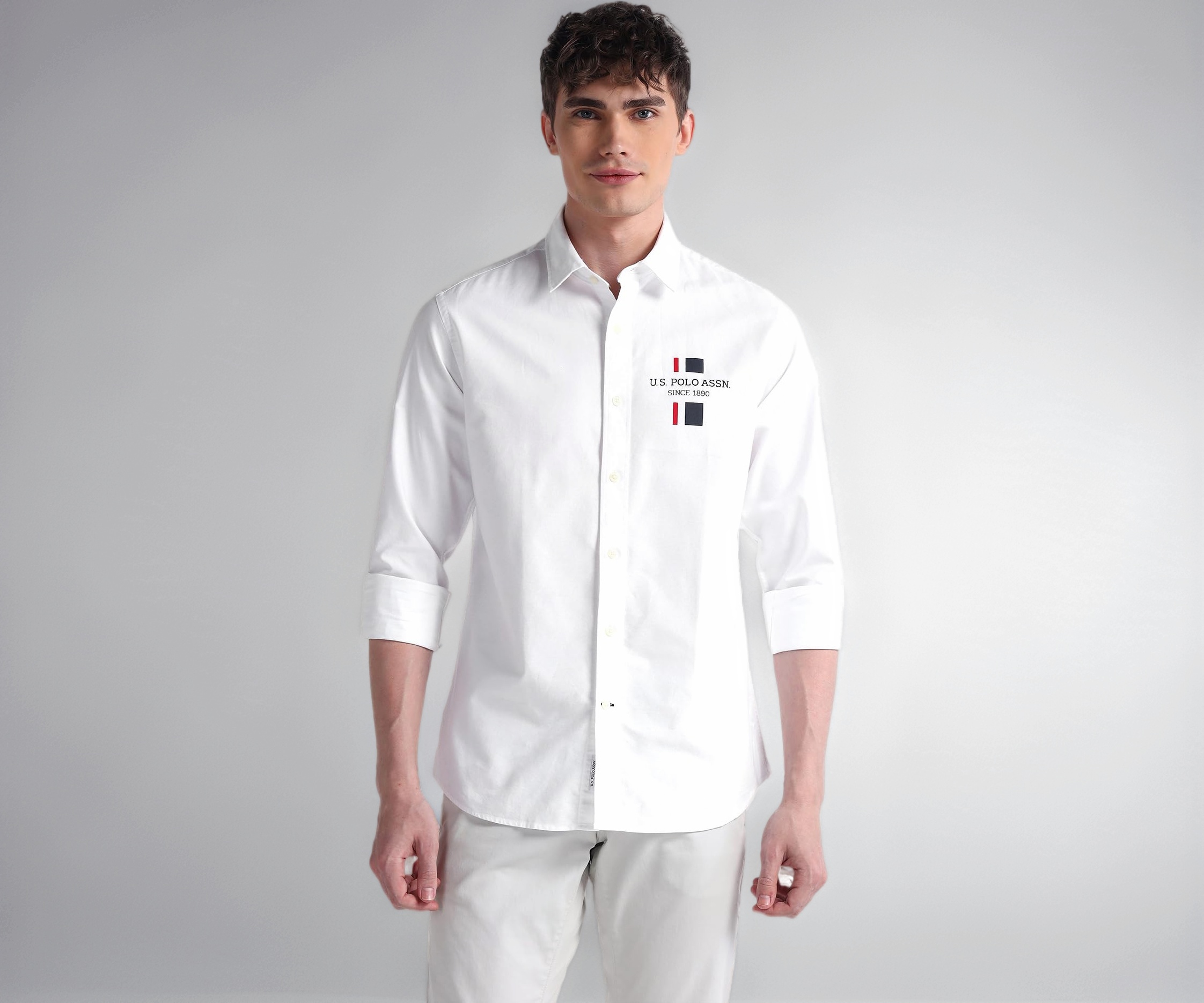 U.S. POLO ASSN. Mens Cotton Regular Fit White Solid Collared Neck Long