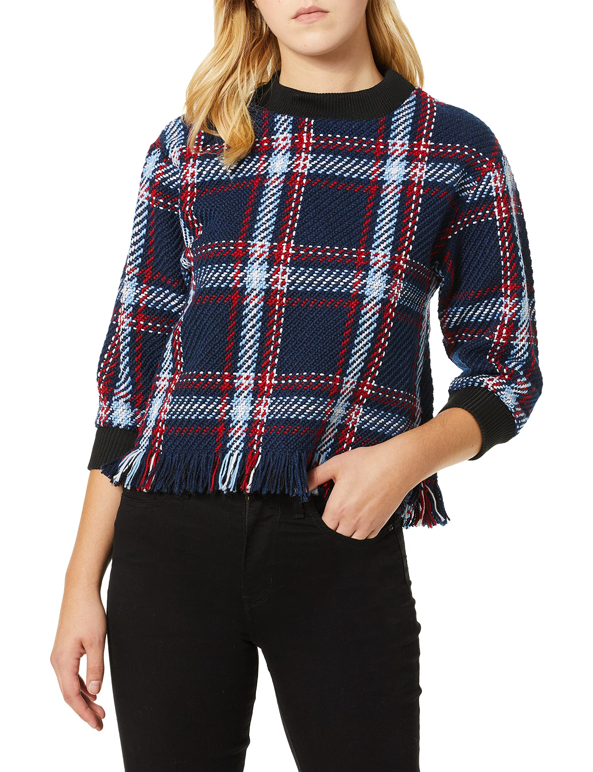 J.O.A. JOA Women's Fringed Plaid Pullover, Navy, XS