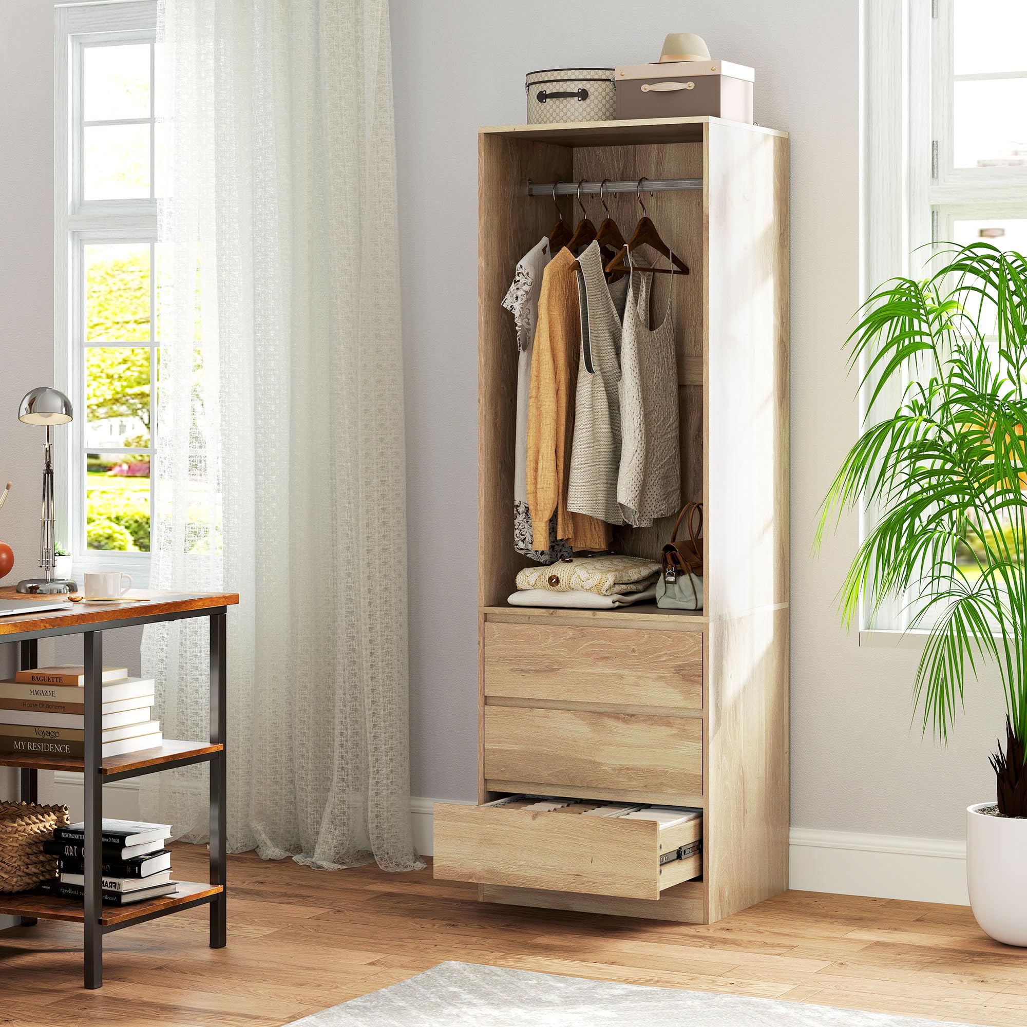 HOMCOM Armadio Guardaroba Salvaspazio con Asta Appendiabiti, Ripiano Aperto e 3 Cassetti, Armadio Camera da Letto, Mobile Guardaroba, 60x48.5x185 cm, Color Teak