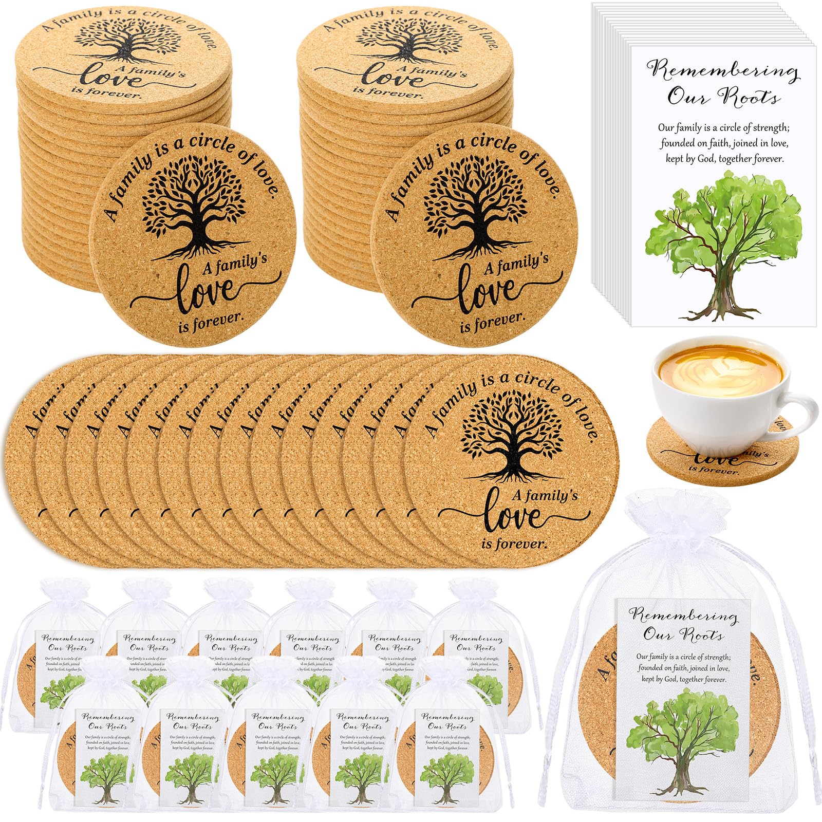 25 Sets Family Reunion Favors Include a Family is a Circle of Love Cork Coaster Absorbent Cork Mat with Cards and Organza Gift Bags for Reunion Gathering Party Gift