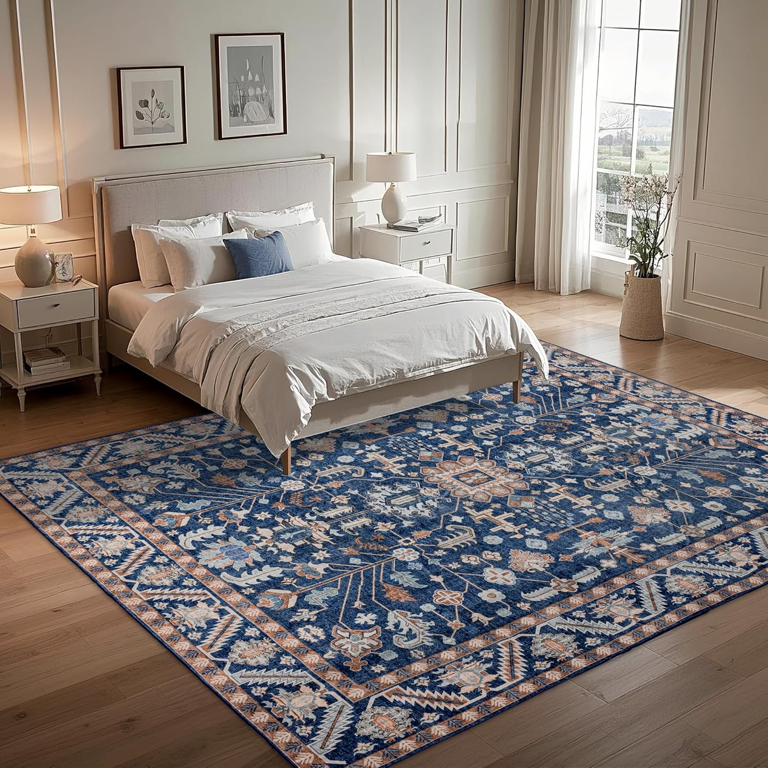 8x10 Area Rugs Washable: Oriental Soft Area Rug for Bedroom Living Room No Shedding - Low Pile Thin Carpet for Dining Room Non Slip - Boho Vintage Home Decor - Navy Blue