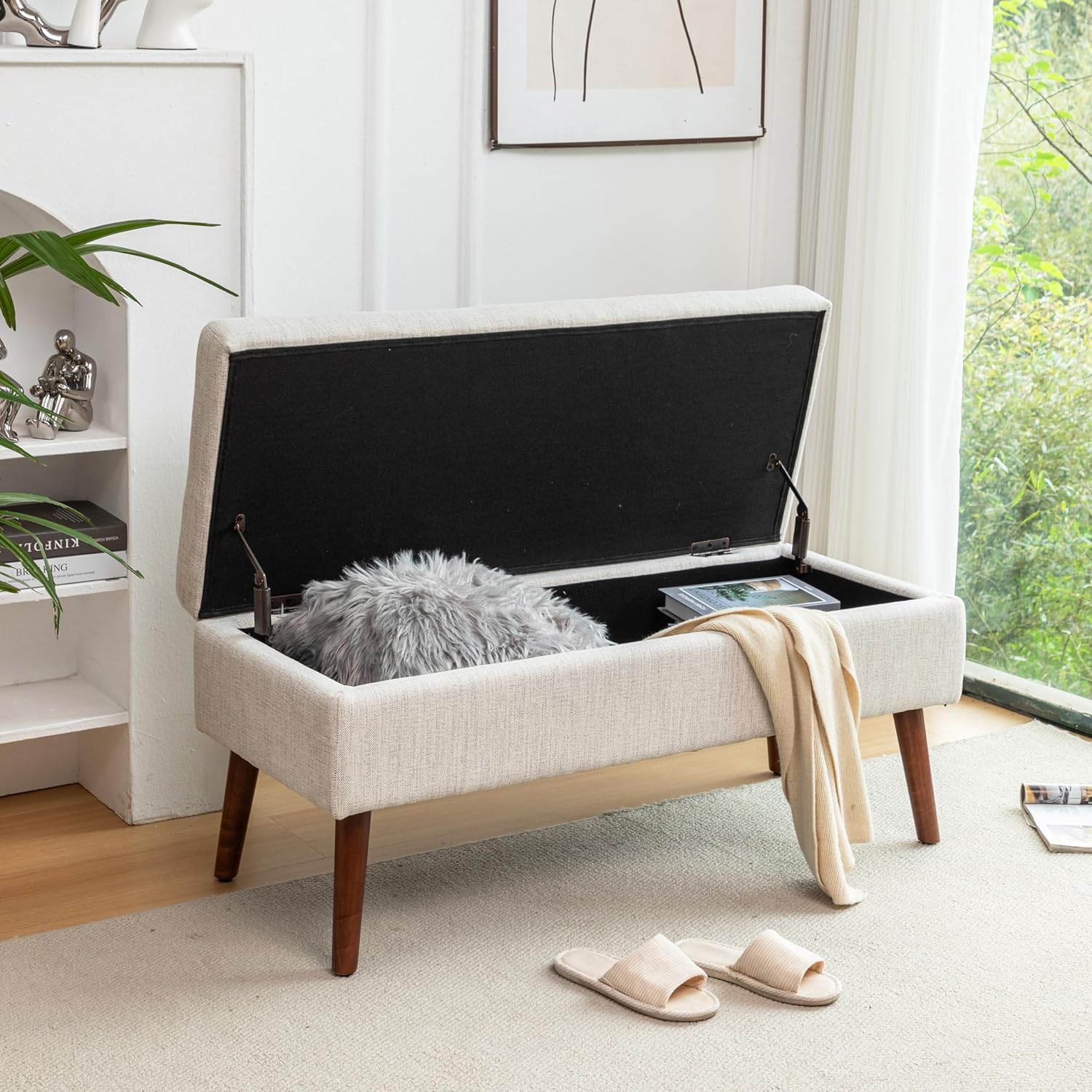 43.3" End of Bed Storage Bench, Tufted Foot Bench for End of Bed, Entryway Storage Ottoman Bench, Footstools Bedroom Seat with Solid Wood Legs (Linen Fabric in Beige)
