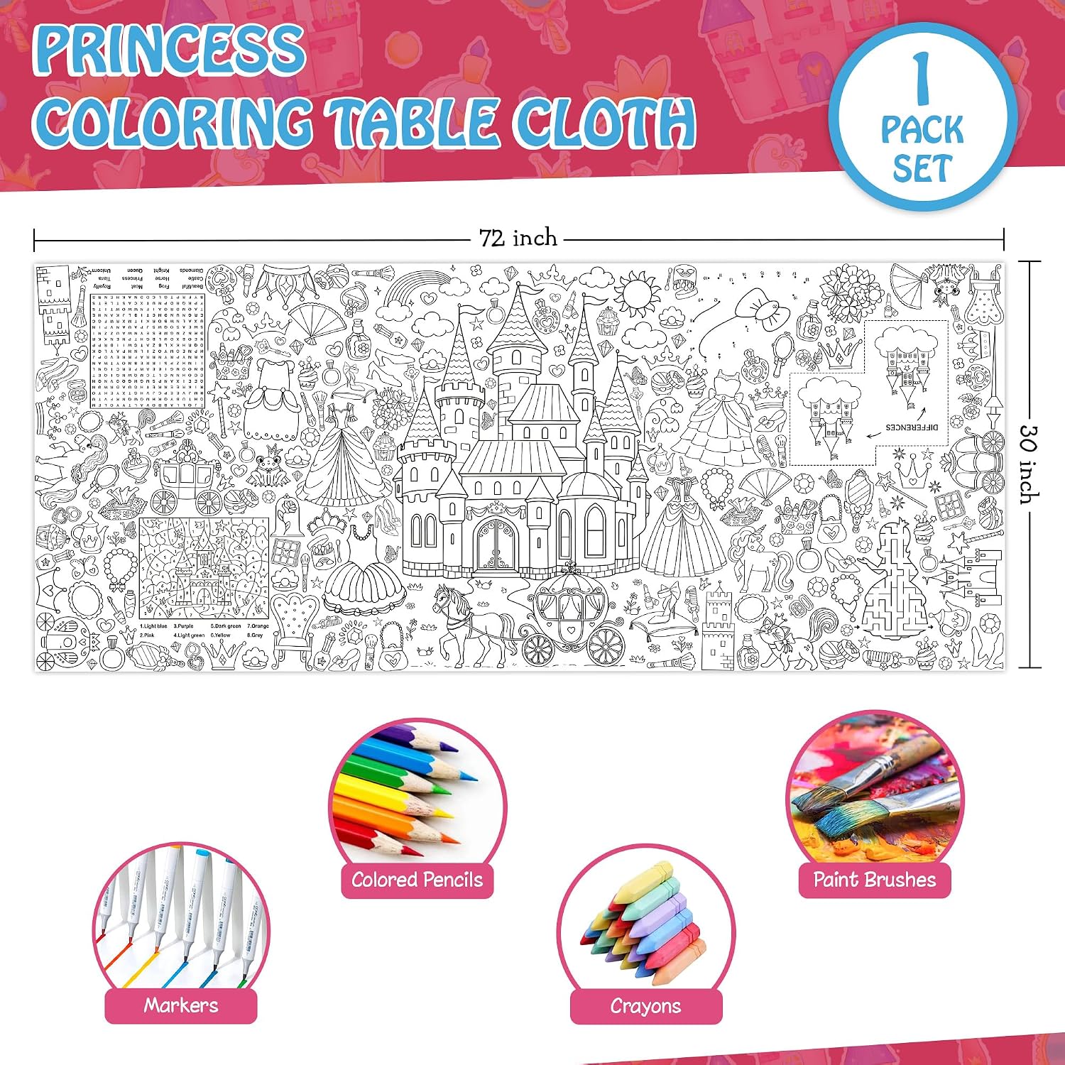 Princess Coloring Tablecloth for Kids, Giant 30x72 Inch Poster with Castles, Crowns, Fairy Tale Icons, Perfect for Girls Princess Party Games, Royal Decorations, Celebration Supplies