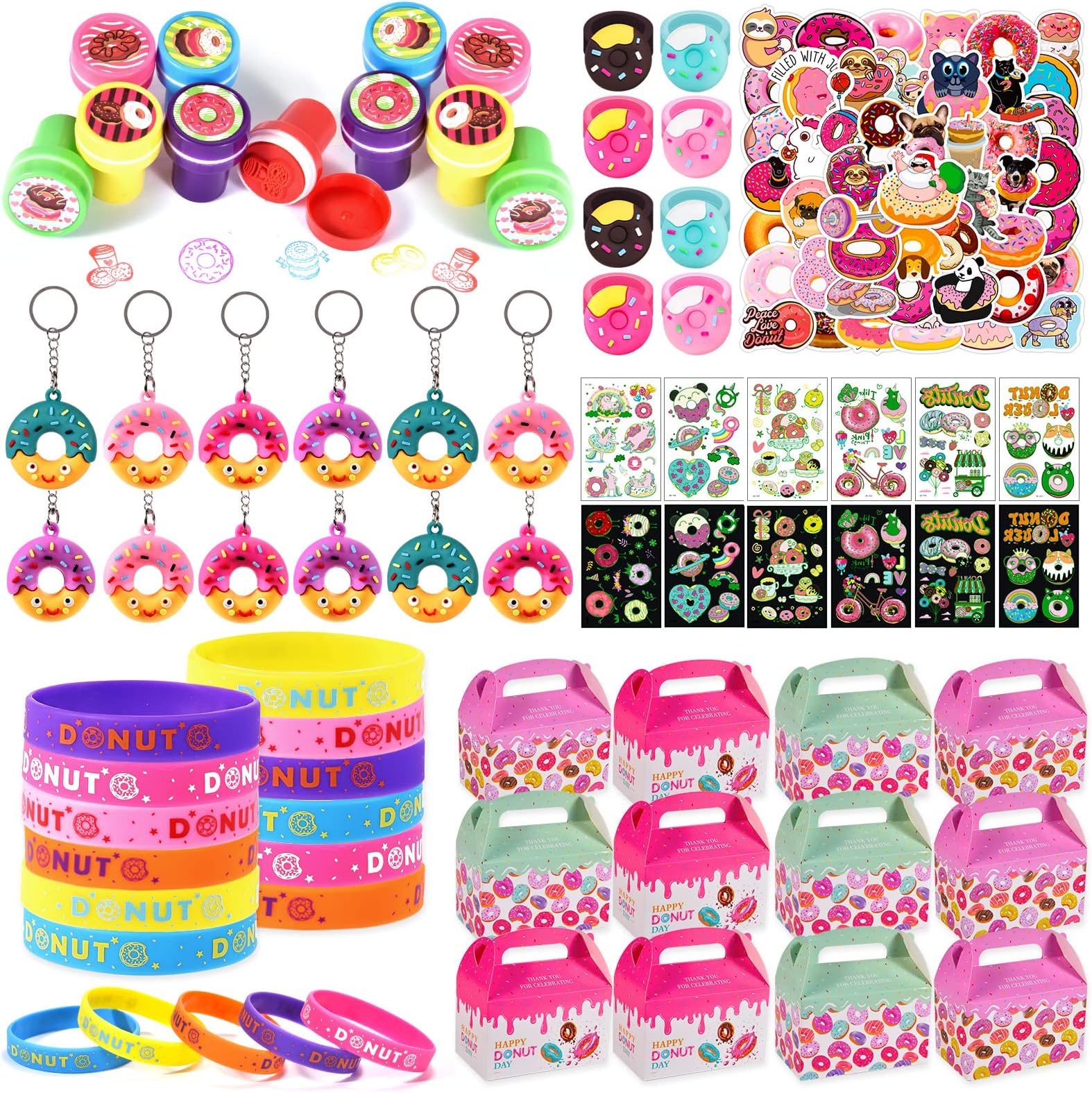 Golray 122 Pcs Donut Party Favors Kid Girl Two Sweet Birthday Supplies - 12 Set Gift Box Stamper Keychain Wristband Tattoo Sticker Ring Doughnut Birthday Party Gift Treat Box Goodie Bag Filler
