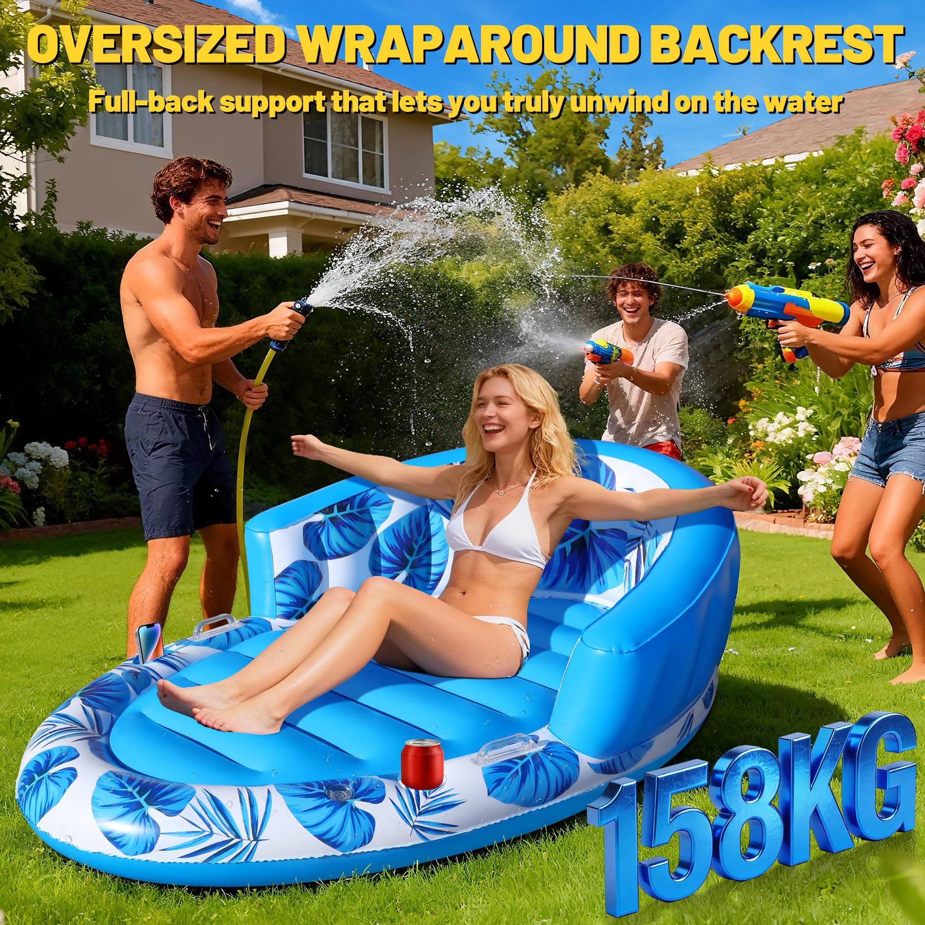 Luxfero Luftmatratze Pool Erwachsene, 160 x 100 cm Pool Matratze mit Rückenlehne, Aufblasbarer Sonnenpool für Erwachsene mit Getränkehalter und Handyhalter, Wasser Pool Luftmatratze für Strand, Garten