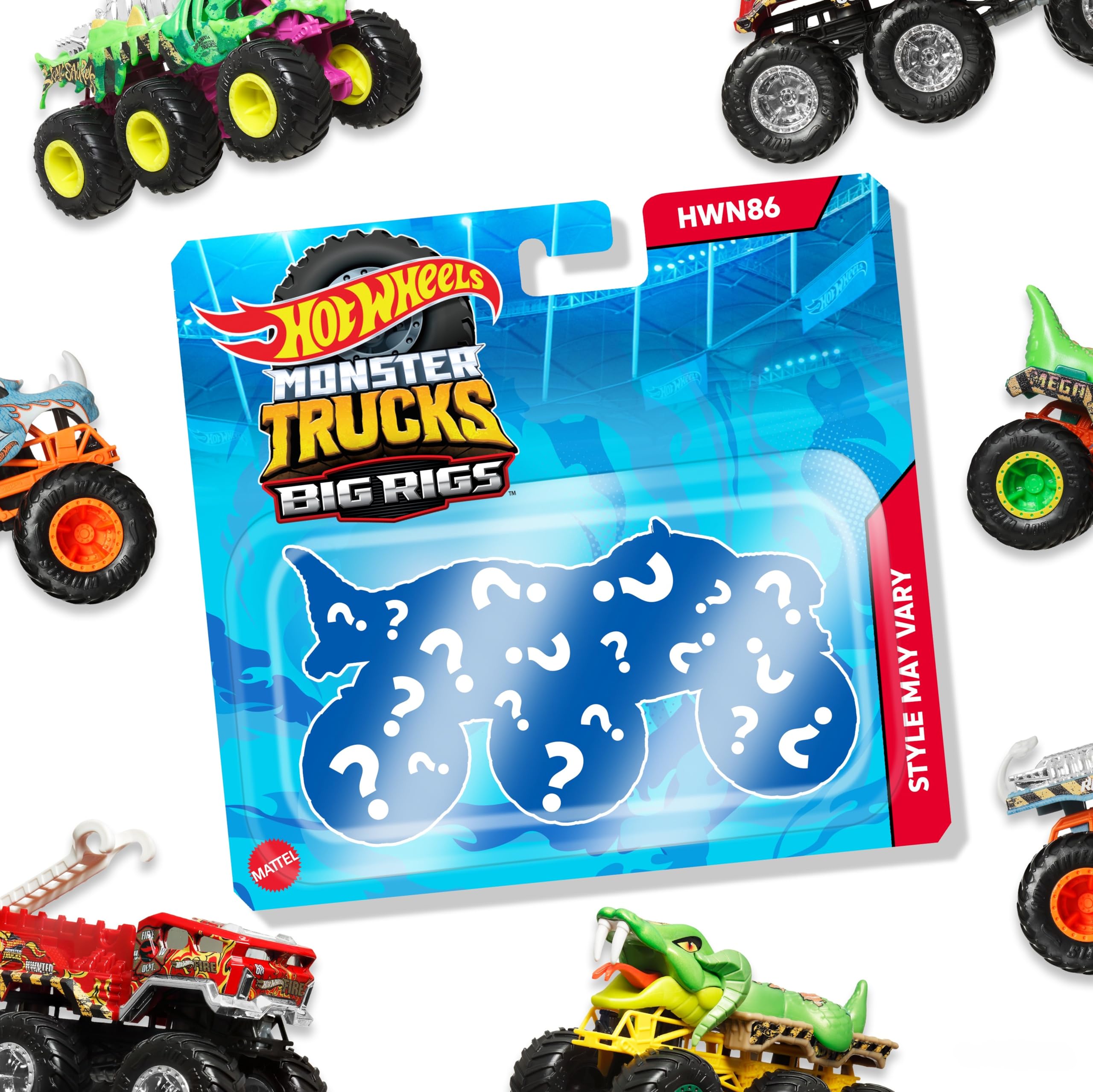 Hot Wheels Monster Trucks – Grandi Tir, camion die-cast 1:64 con 6 ruote (Un modello a sorpresa tra stili assortiti), può trasportare o trainare altri veicoli, giocattolo per bambini 3+, HWN86