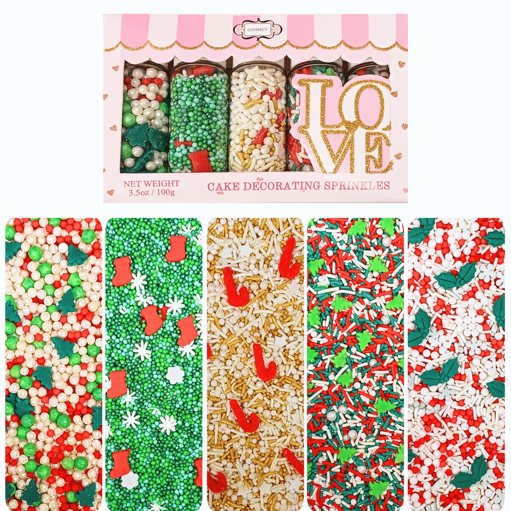 Confect Christmas Sprinkles | Christmas Sprinkles - Green White Gold Red Pearls I Christmas Tree Stocking & Snowflakes for Dessert Decorating