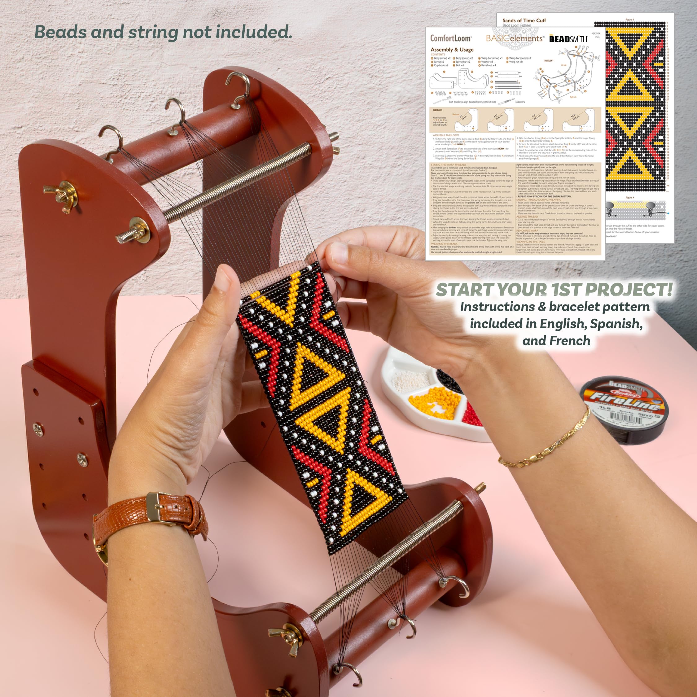 The Beadsmith ComfortLoom - Telar de cuentas ajustable con 4 ajustes de longitud, diseño ergonómico en ángulo, área de trabajo de 19 a 26,7 cm, incluye instrucciones ilustradas y patrón de pulsera