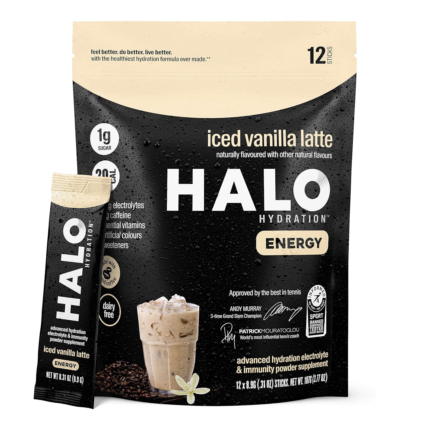 HALO Hydrating Iced Latte Energy Drink Powder Healthy
