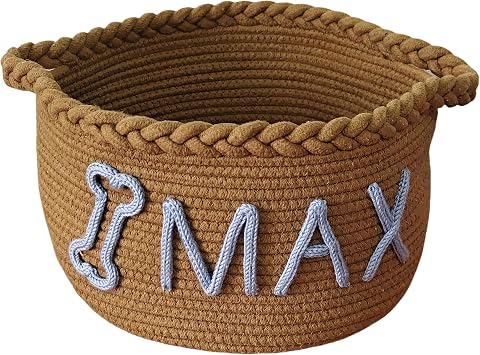 WANSHUNLMI Cotton Rope Storage Basket, Brown with Blue Embroidered Text, Round Organizer Bin with Braided Handles