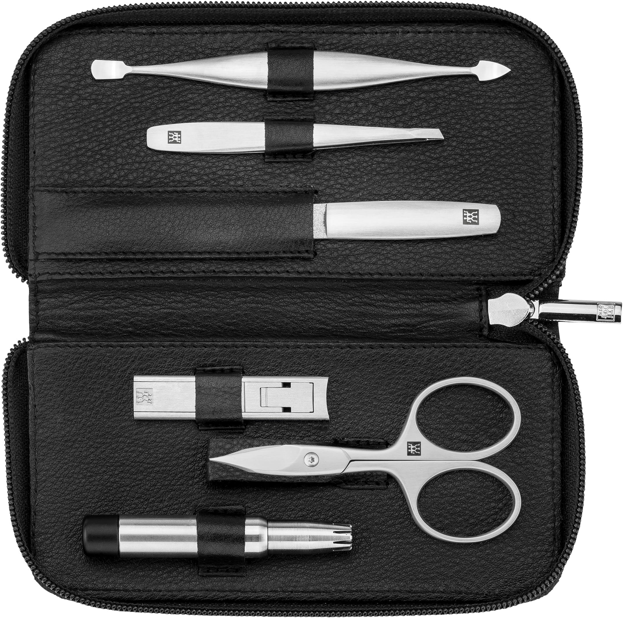 ZWILLING Manucure kit (6 pièces, set de soin des ongles et pédicure, cuir de vachette avec fermeture éclair, avec coupe-ongles compact), Premium, noir