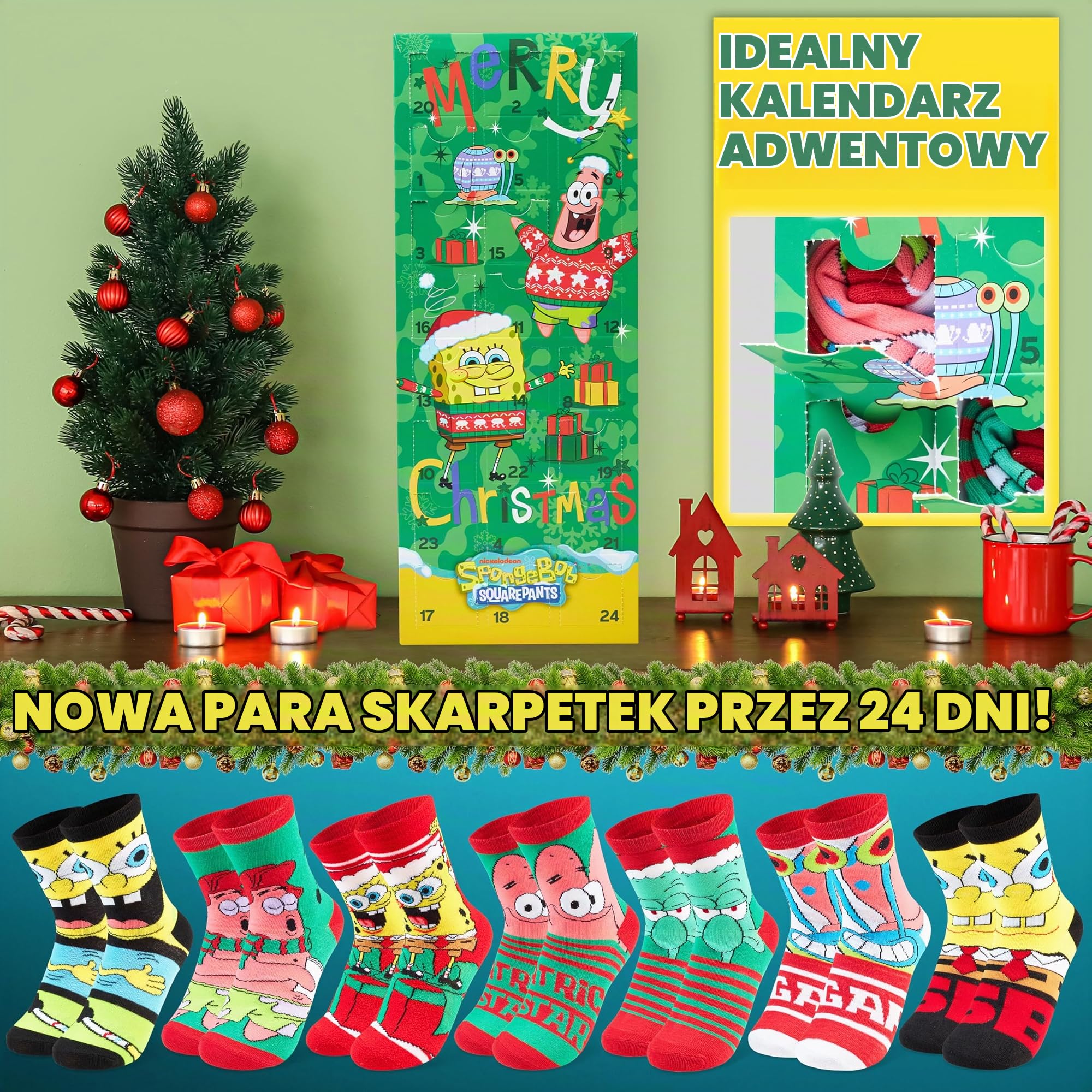 Get Trend SpongeBob Kanciastoporty, skarpetki, kalendarz adwentowy 2025, dla nastolatków, rozmiar dziecięcy 12-3,5, odliczanie do Bożego Narodzenia 24 dni, prezenty dla dzieci (Multi SpongeBob)