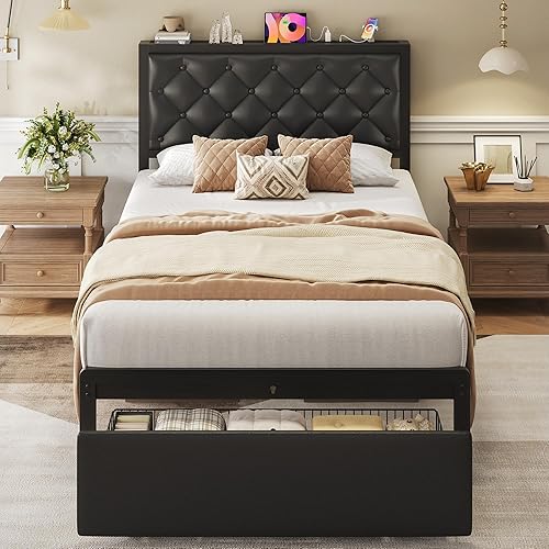 Twin Bed Frame with Storage Drawer, Upholstered Headboard Button Tufted Bed Frame with Charging Station, No Box Spring Needed, Noise-Free, All Metal Structure, Black