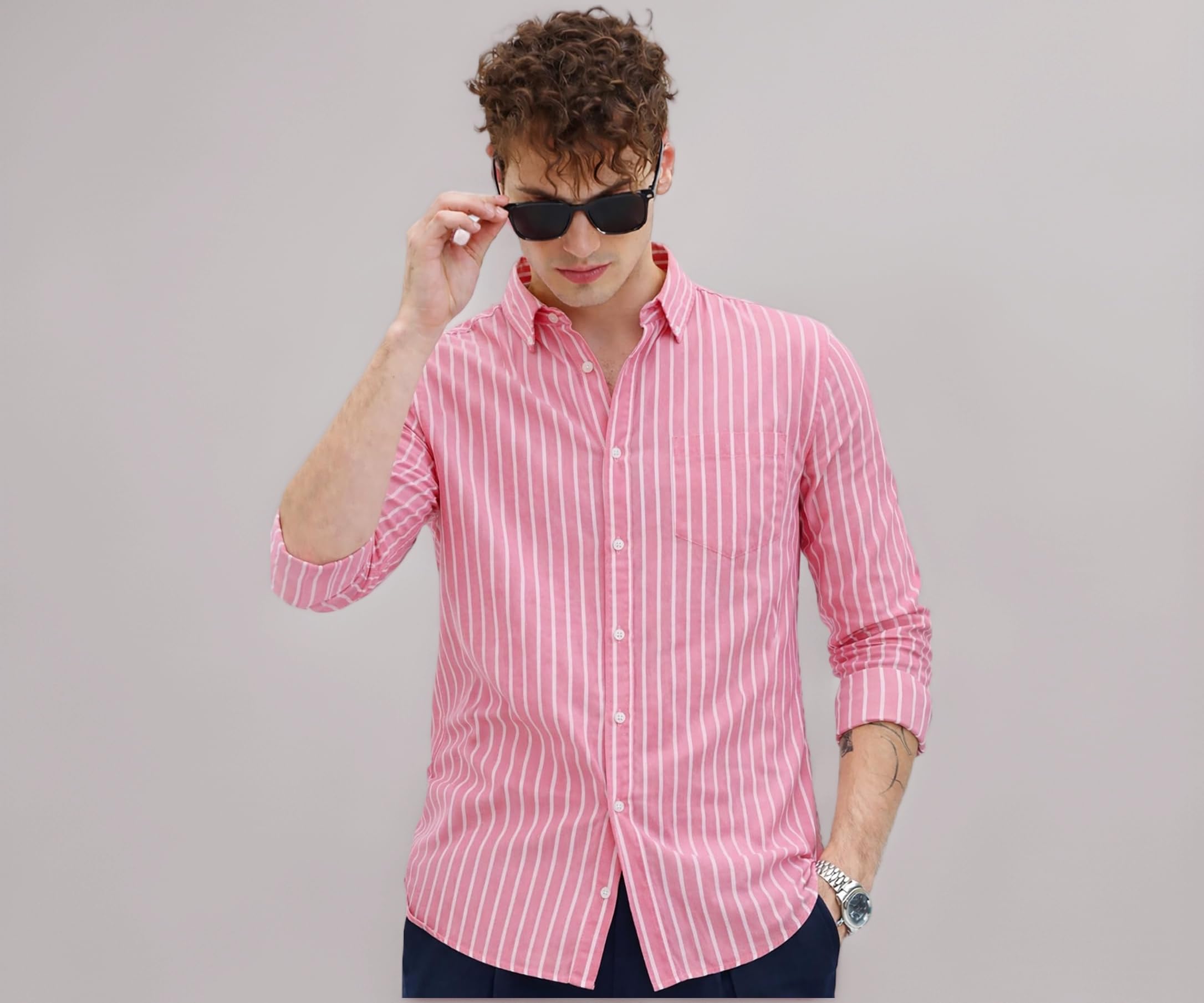 U TURN Men's Casual Printed Striped Stylish Latest Formal Shirt for Men | Cotton Mix 220 GSM