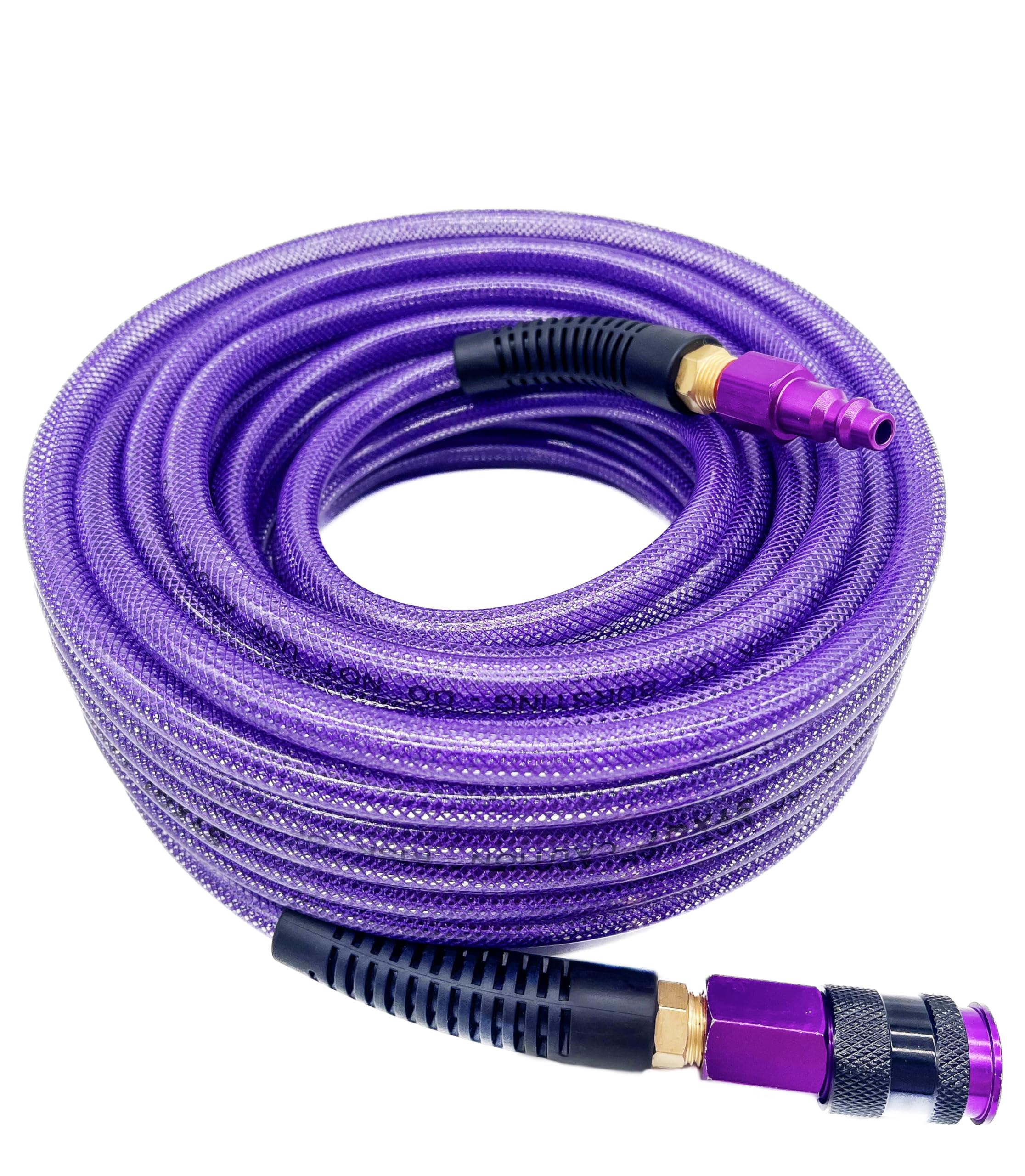 SYXQT Polyurethane(PU) 1/4-Inch x 50FT Reinforced, Air Hose with 1/4” Swivel Solid Aluminum Colored Universal Quick Coupler and Plug, Bend Restrictor,