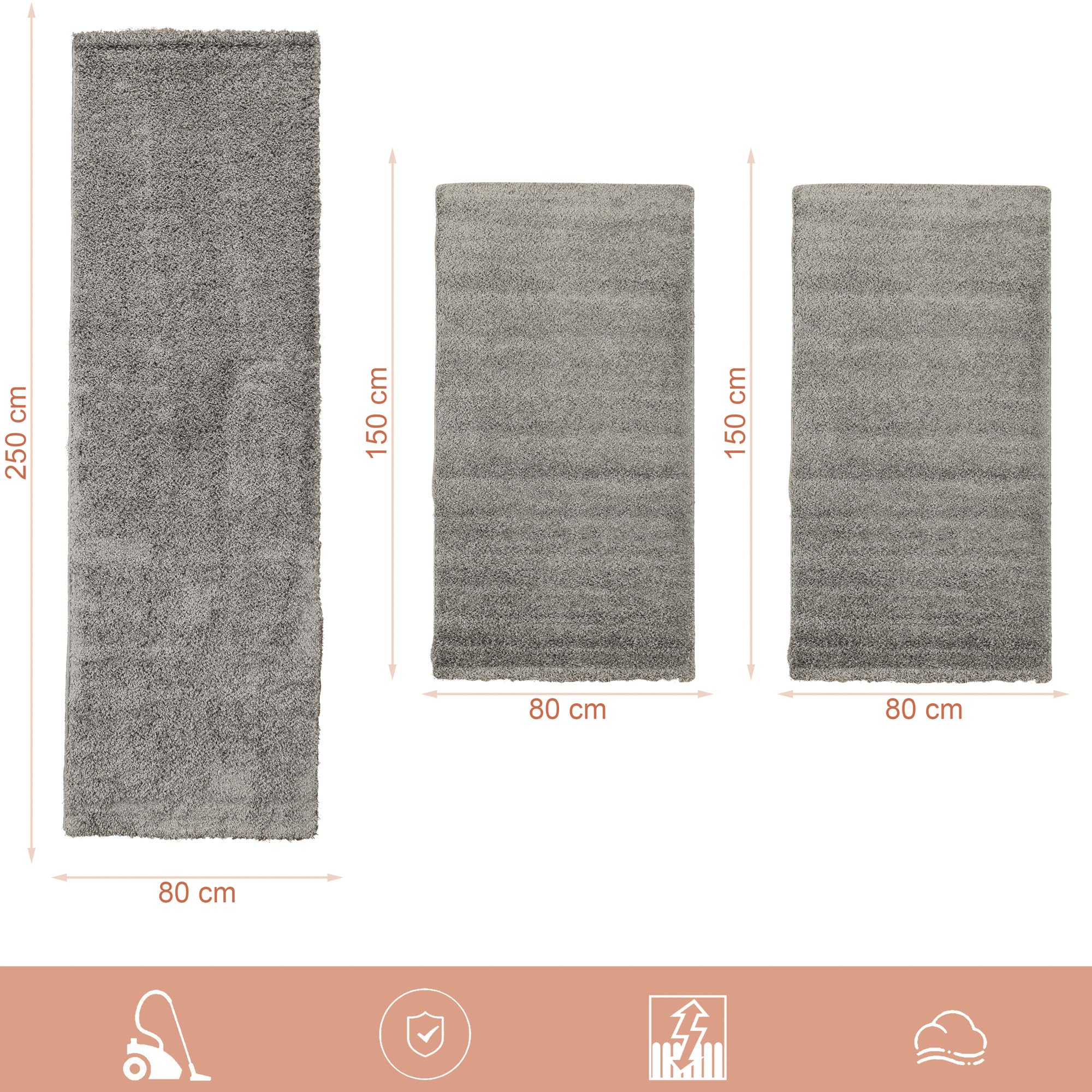 Tappeto stile Shaggy a pelo lungo, set da 3 pezzi - Scendiletto, per camera da letto, Polipropilene, grigio chiaro, 2x80x150+1x80x250