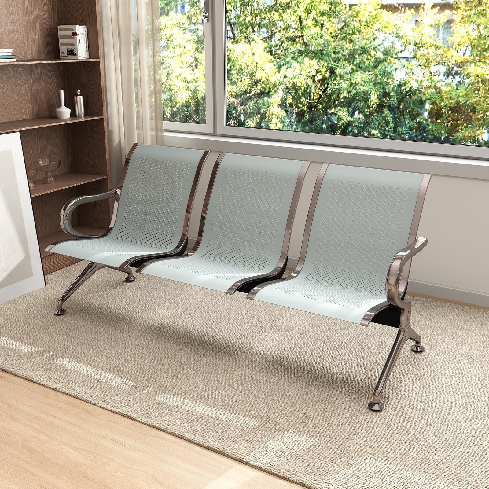 kinbor Waiting Room Chair - Guest Reception Chairs Waiting Bench with Armrests for Clinic Airport Bank Salon Barber Waiting Area,Silver 3 Seat