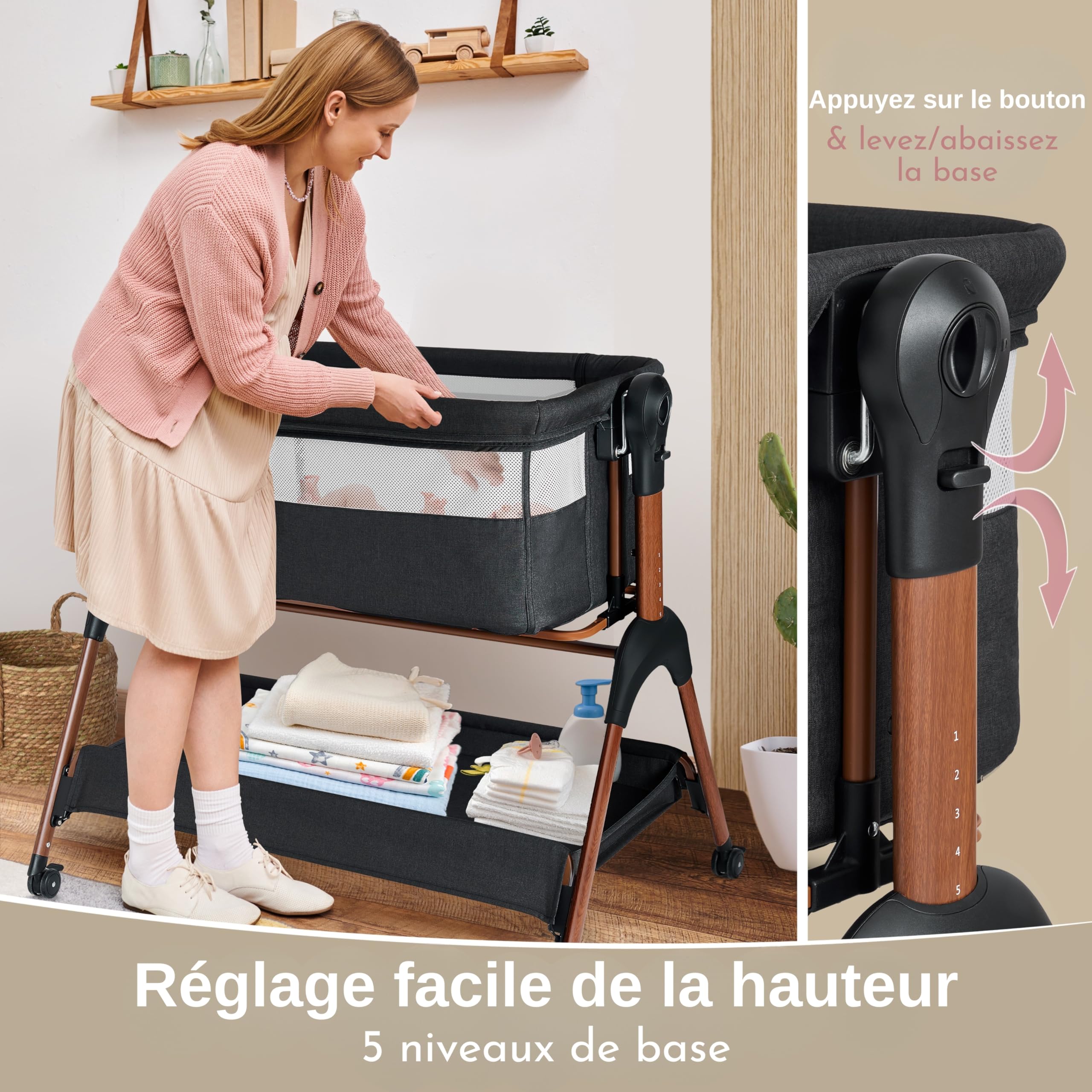 LullaBee Berceau Cododo & Lit Bébé – 6 Niveaux de Hauteur, Fonction Balancelle, Roulettes, Matelas Matelassé, Parois en Maille avec Moustiquaire avec Sac de Transport (0–6 Mois) – Noir/Brun