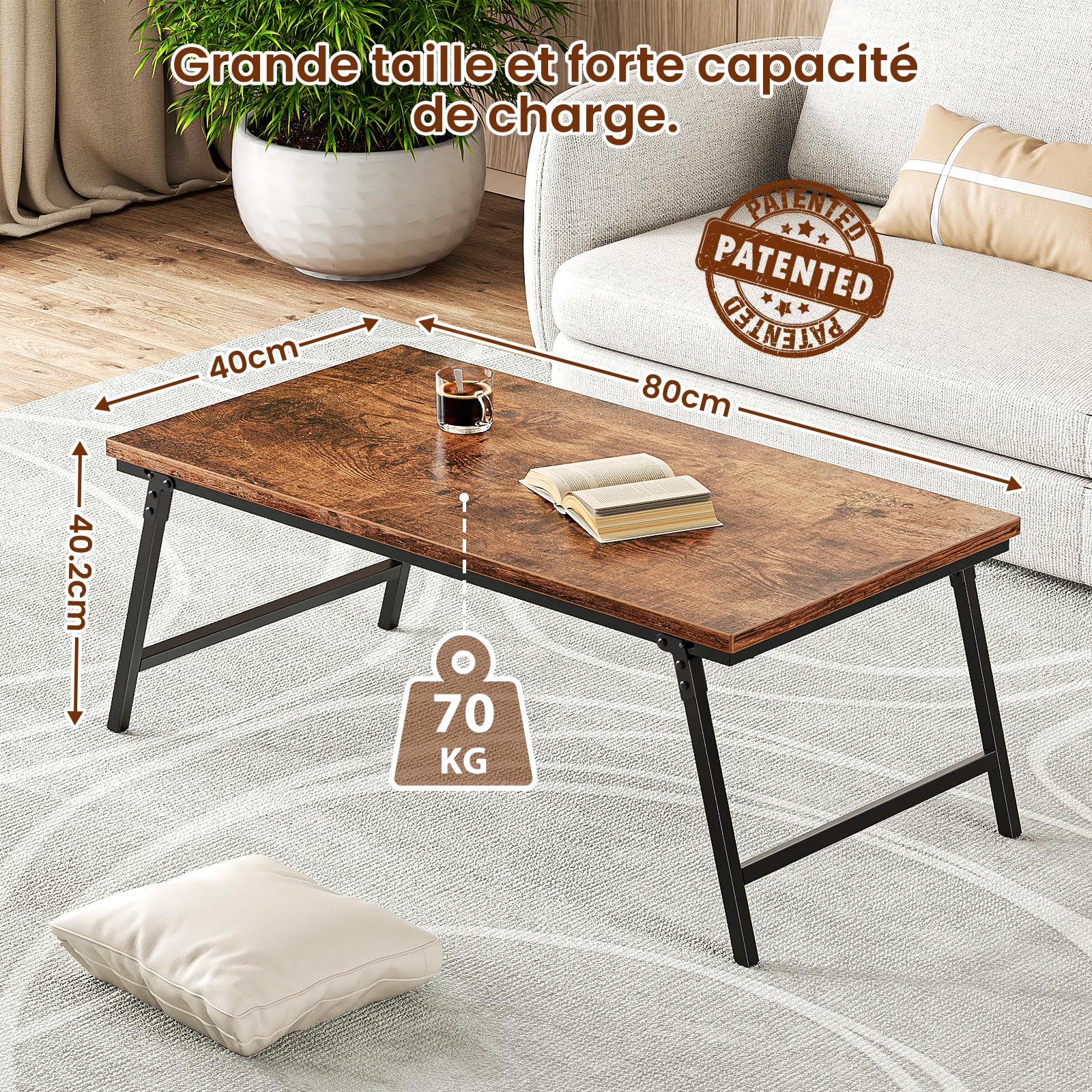 Table Basse Pliante, Petite Table de Salon, Pieds Verrouillables, 80×40×40 cm, Aucun Assemblage Requis, Table D'appoint de Canapé en Bois avec Pieds Pliables, Marron Vintage