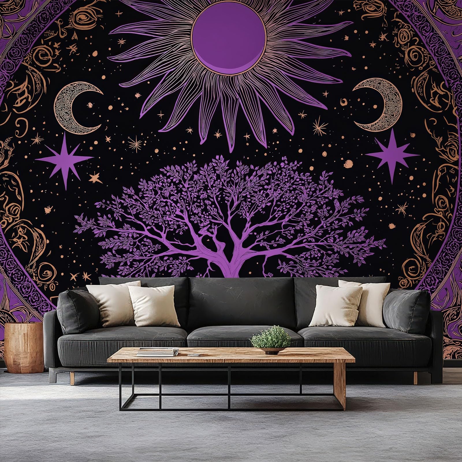Fantasy tapeta efekt 3D 200 x 140 cm, fototapeta fioletowy i czarny słońce księżyc drzewo życie fototapety tapeta ścienna włóknina nowoczesna dekoracja ścienna salon sypialnia biuro salon