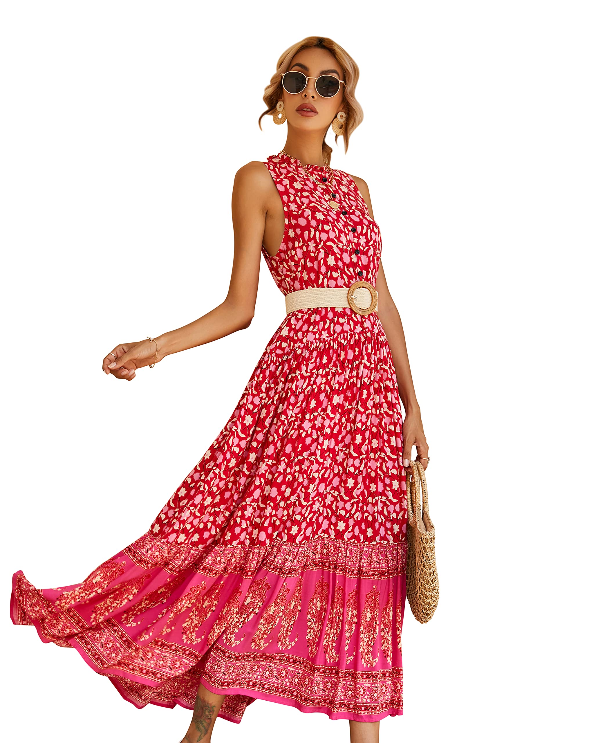 R.VivimosWomen's Summer Sleeveless Floral Print Button Up Bohemian Flowy Maxi Dresses