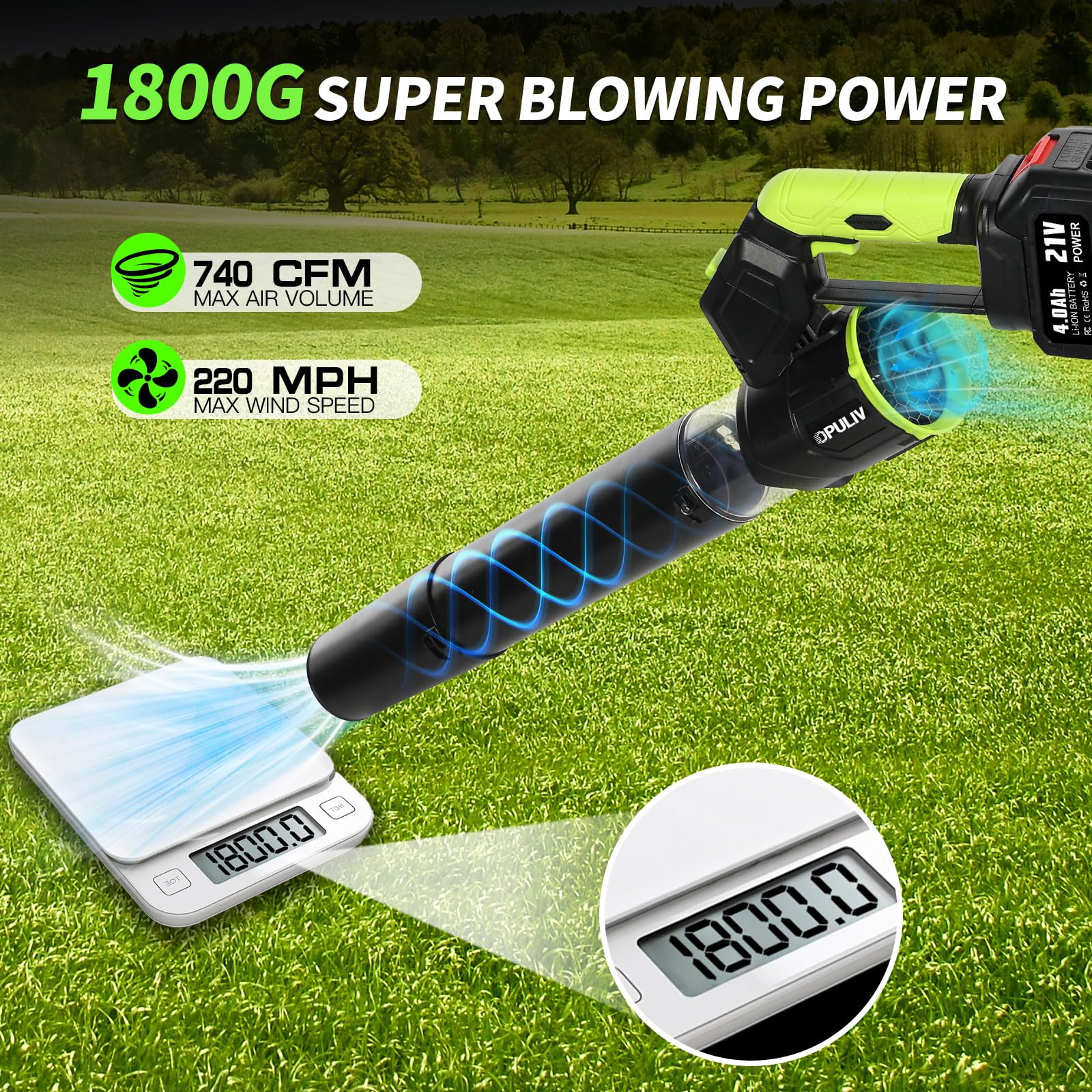 Soplador de hojas inalámbrico, soplador de hojas eléctrico inalámbrico con 2 baterías y cargador, 4 velocidades de viento, 2 modos de mano, batería de 4.0/5.0 AH, sopladores ligeros para